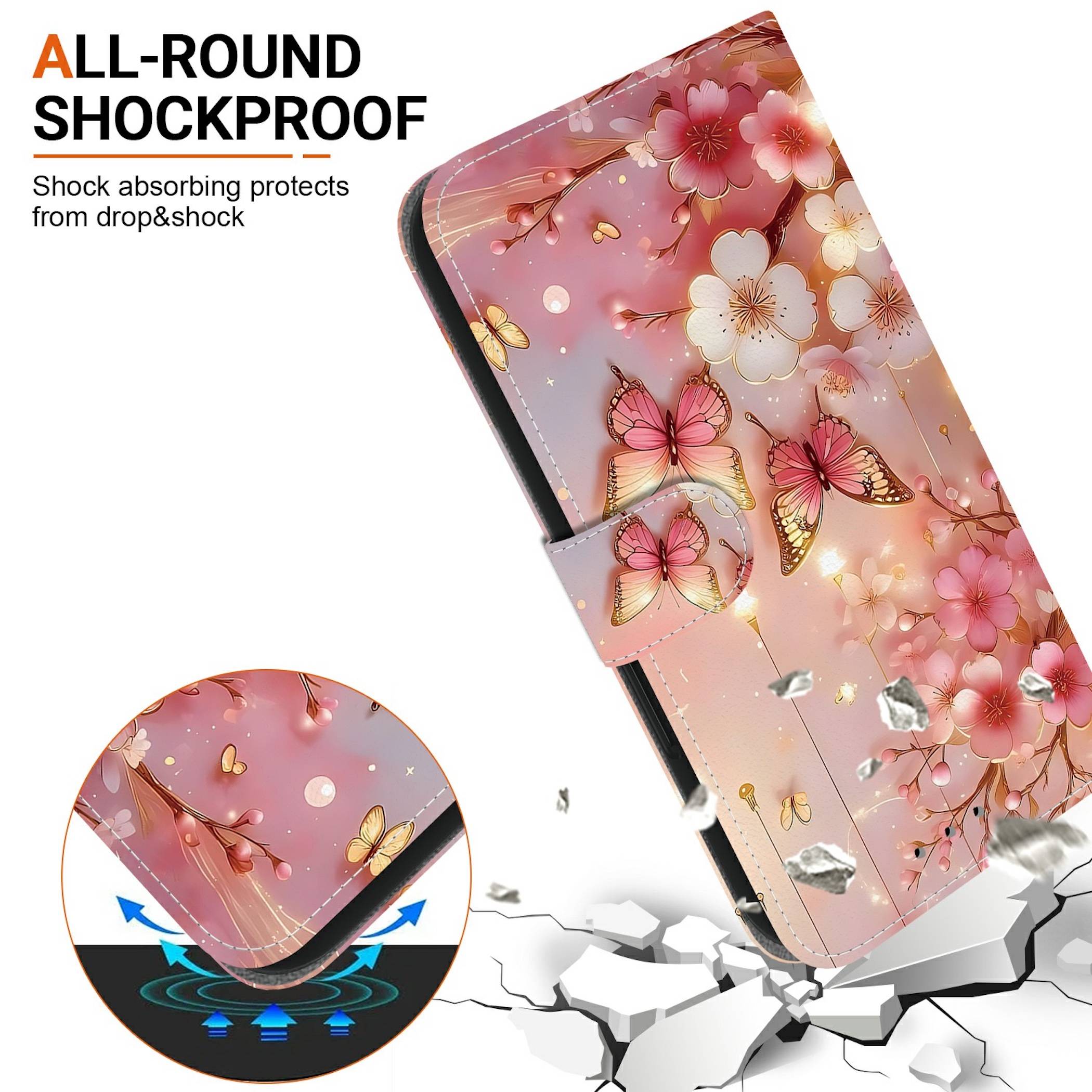 Rosa Blumen-Handyhülle mit rundum Stoßschutz, schützt das Telefon vor Stürzen und Schlägen.