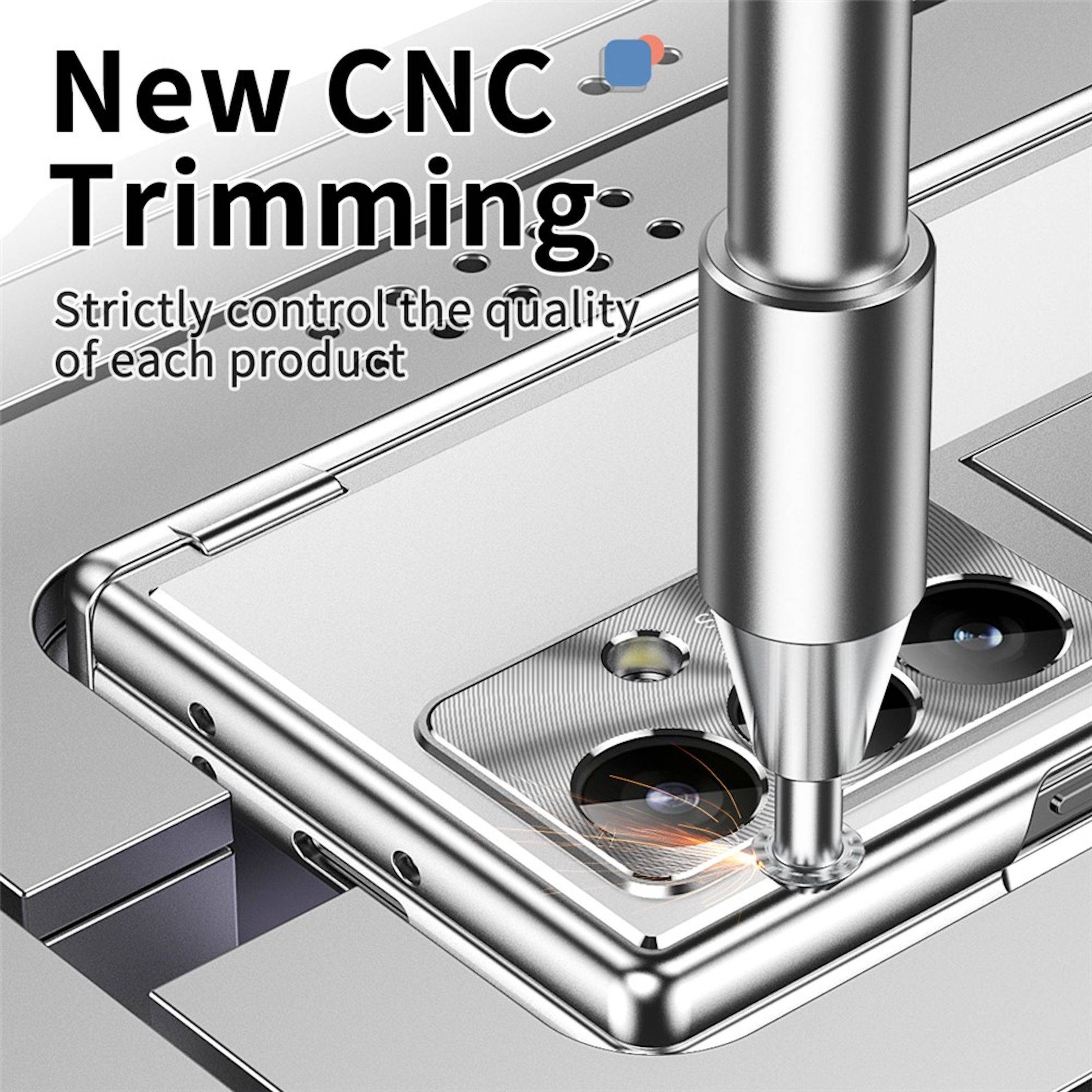 CNC-Maschine schneidet einen Metalltelefon-Rahmen präzise zu; der Text lautet „Neues CNC-Trimmen