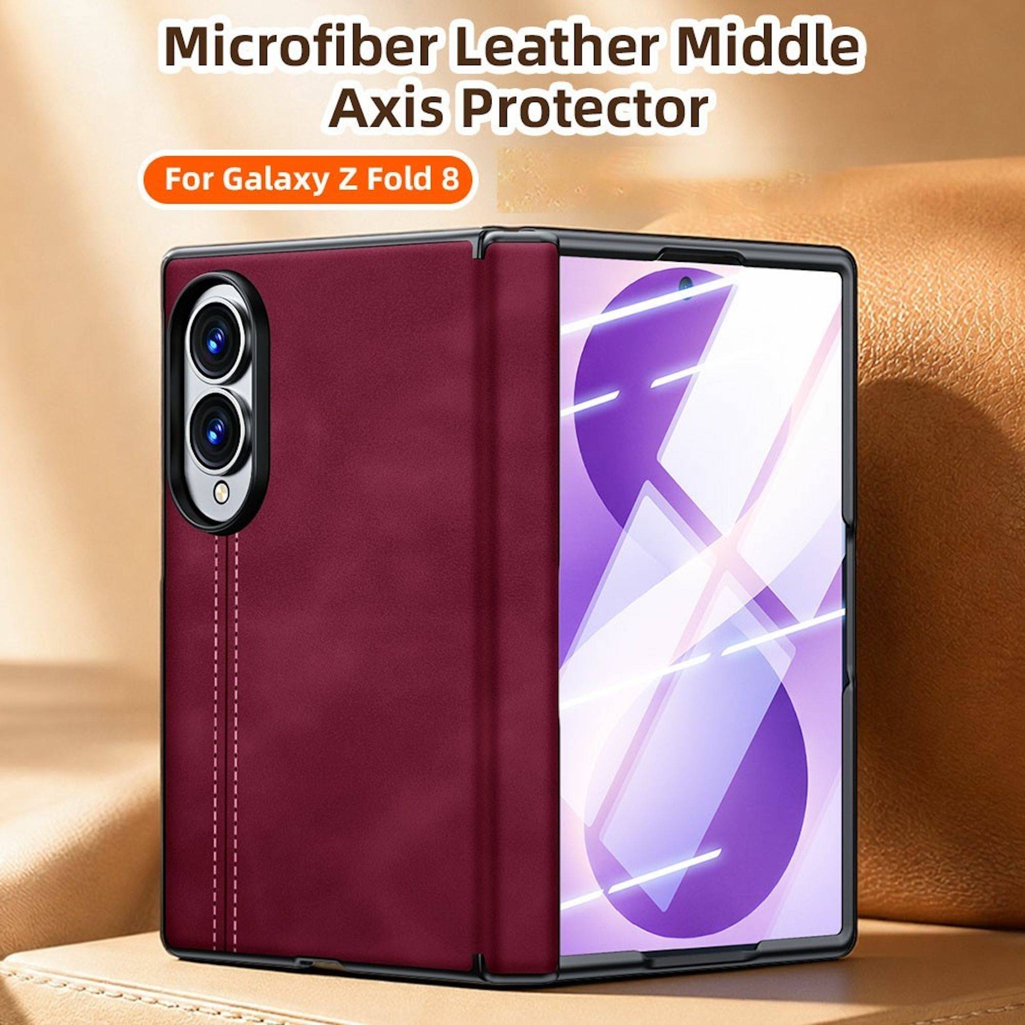 Marinerot Mikrofaser-Lederhülle für Galaxy Z Fold 8, offen dargestellt mit doppeltem Kameraausschnitt auf der Rückseite und faltbarem Displayschutz.