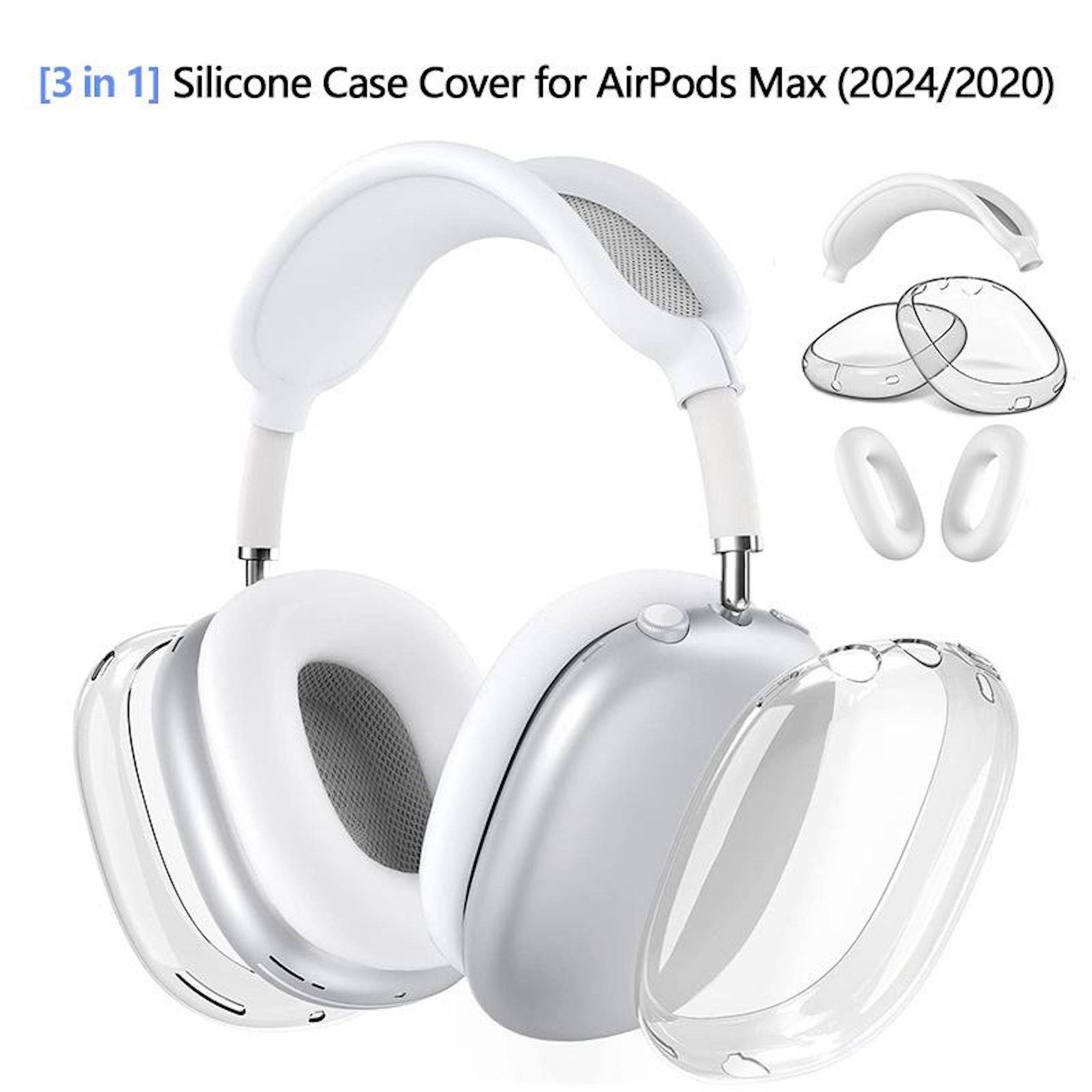 Produktbild zeigt eine 3-in-1-Silikonhülle für AirPods Max (2024/2020) mit weißen und transparenten Schutzschalen und Ohrmuschelbezügen.