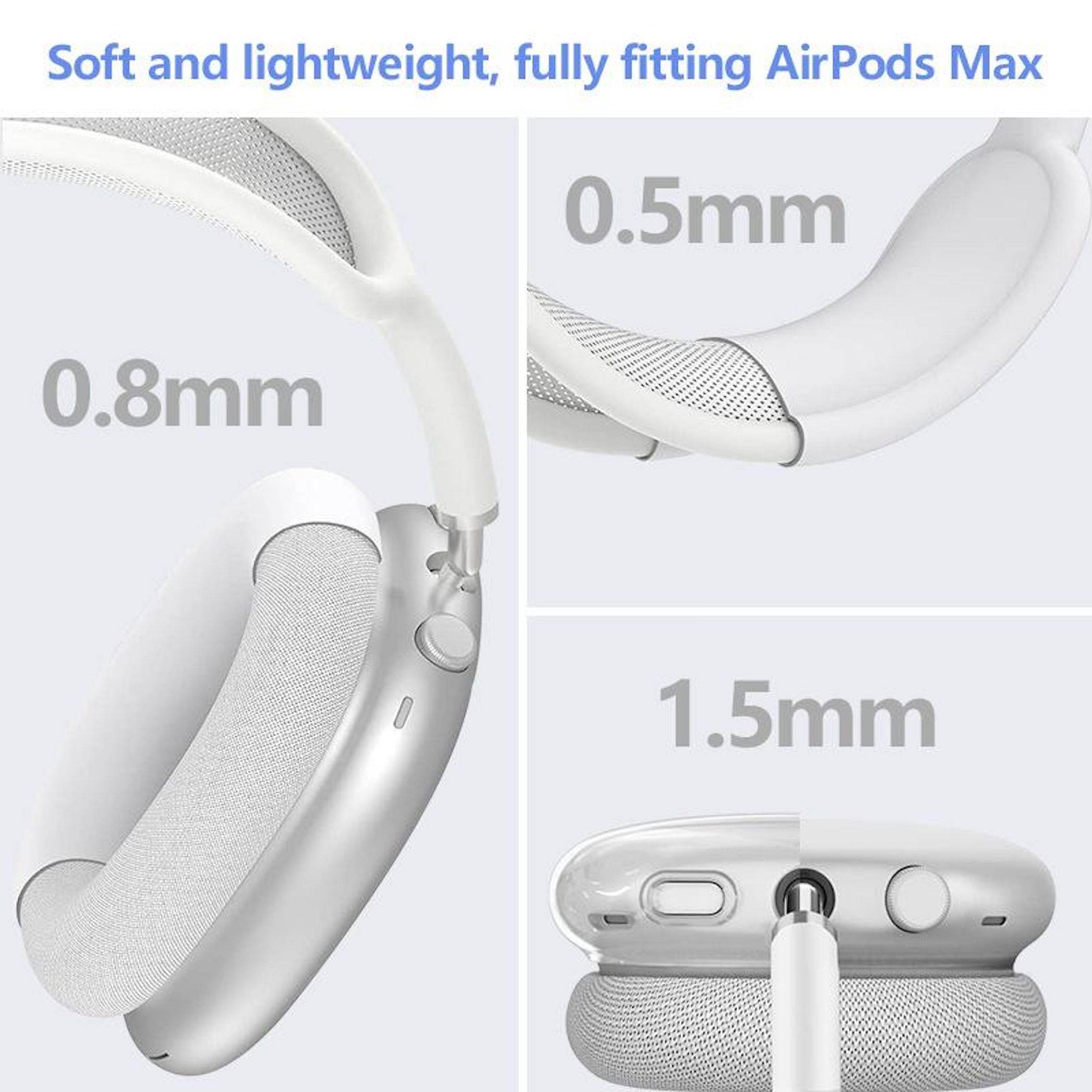 Infografik mit Details zur Polsterung von AirPods Max: weiches, leichtes Design mit Beschriftungen für 0,5 mm, 0,8 mm und 1,5 mm Dicke.