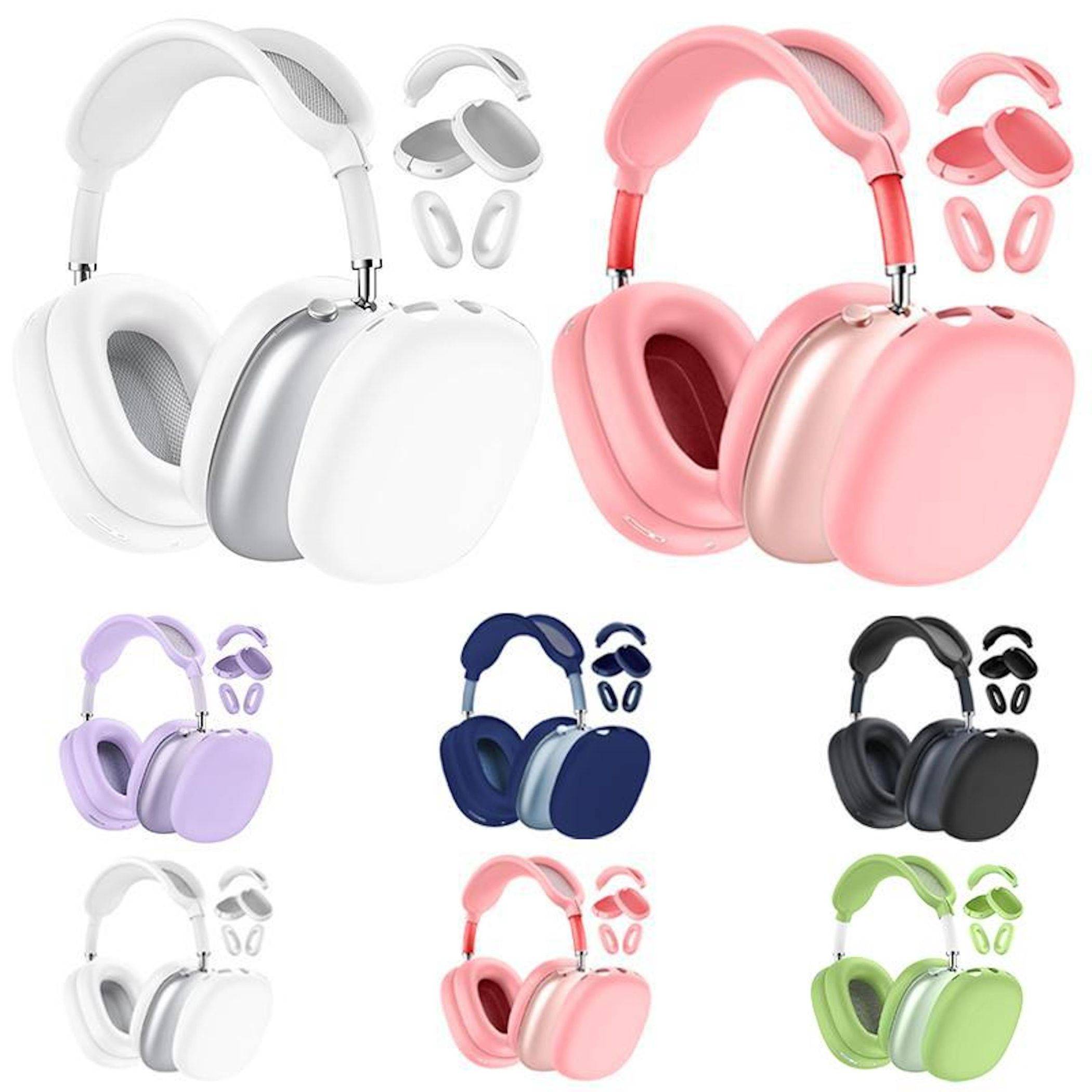 Produktcollage von Over-Ear-Kopfhörern in sechs Farben: Weiß, Rosa, Lavendel, Marineblau, Schwarz und Grün, gezeigt mit passenden Ohrpolstern und Taschen.