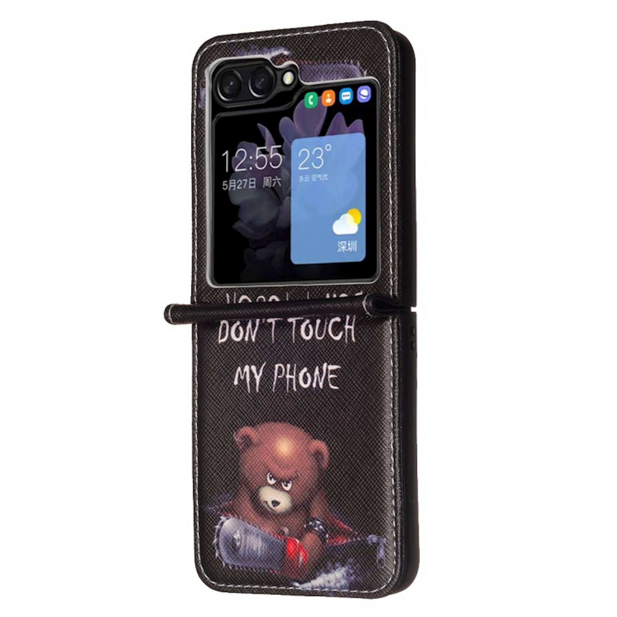 Schwarze Handyhülle mit einem Cartoon-Bär und dem Text „DON'T TOUCH MY PHONE
