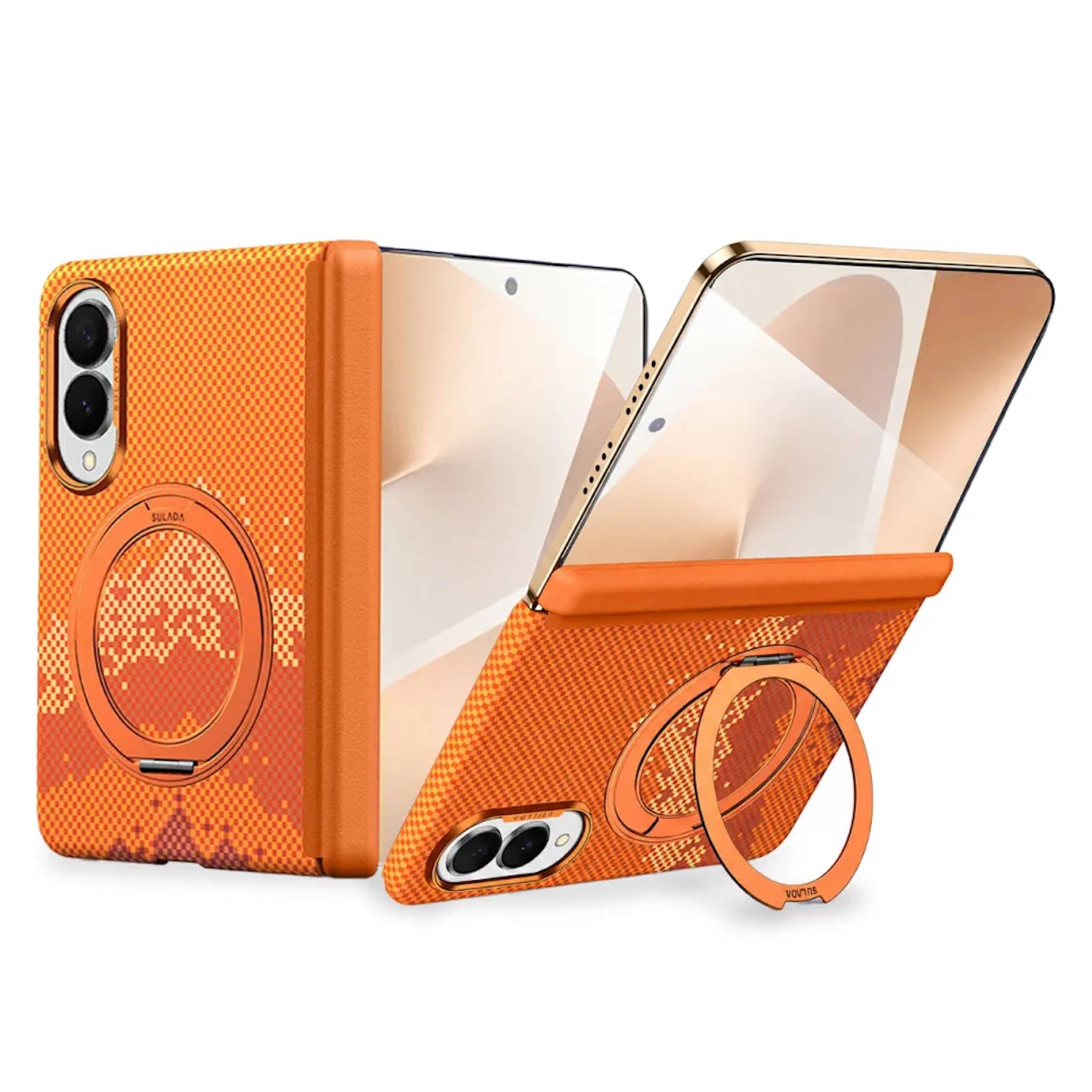 Orangefarbene strukturierte Smartphone-Hülle mit integriertem Ringständer, gezeigt auf einem Falttelefon in geschlossener und Zeltposition.
