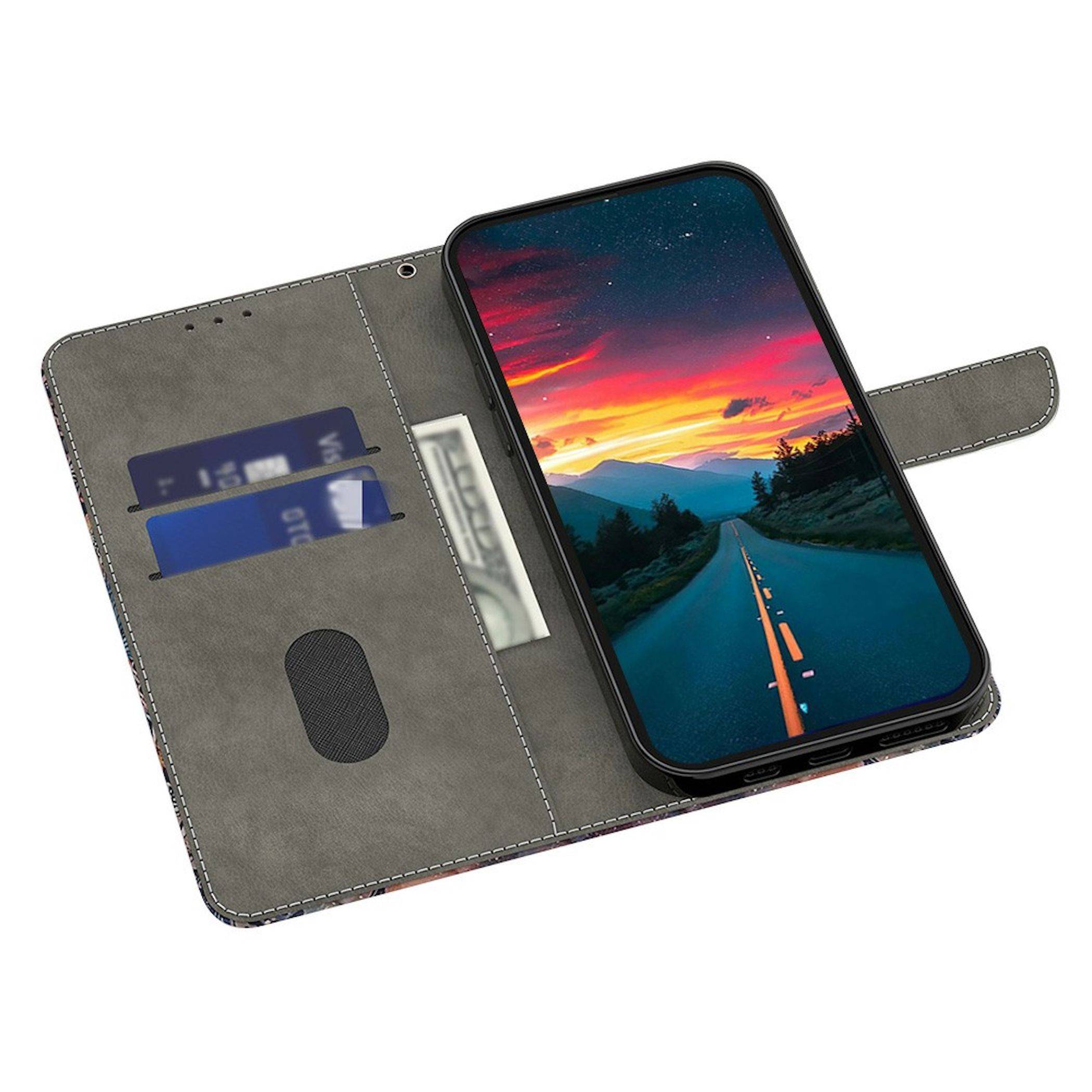Smartphone in einem grauen Folio-Brieftaschenetui mit Kartensteckplätzen und einer Geldscheintasche, aufgeklappt vor weißem Hintergrund dargestellt.