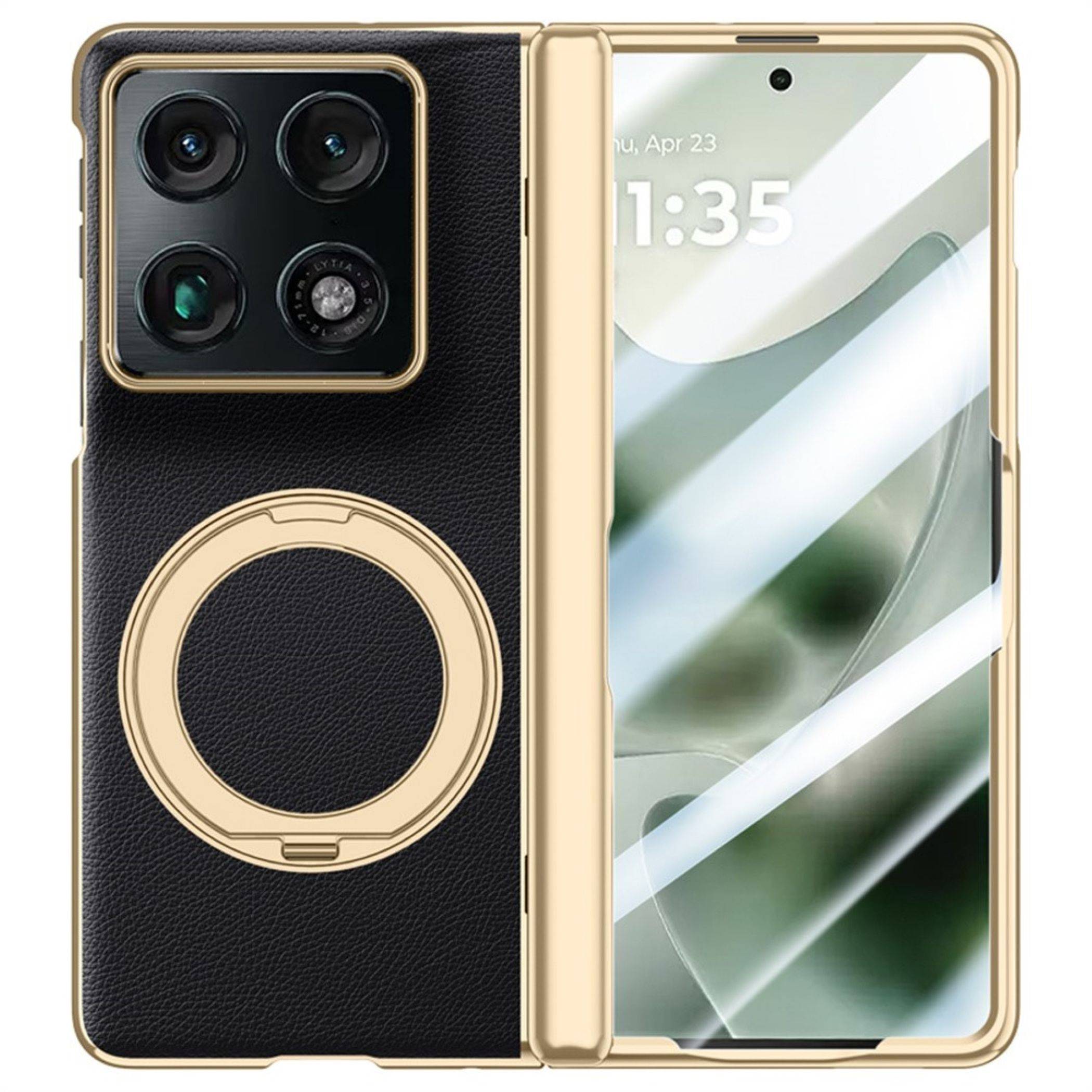 Faltbares Smartphone mit goldenem Rahmen und strukturierter schwarzer Rückseite, geöffnet dargestellt mit Displayschutz auf der rechten Seite und Kameramodul auf der linken Seite.