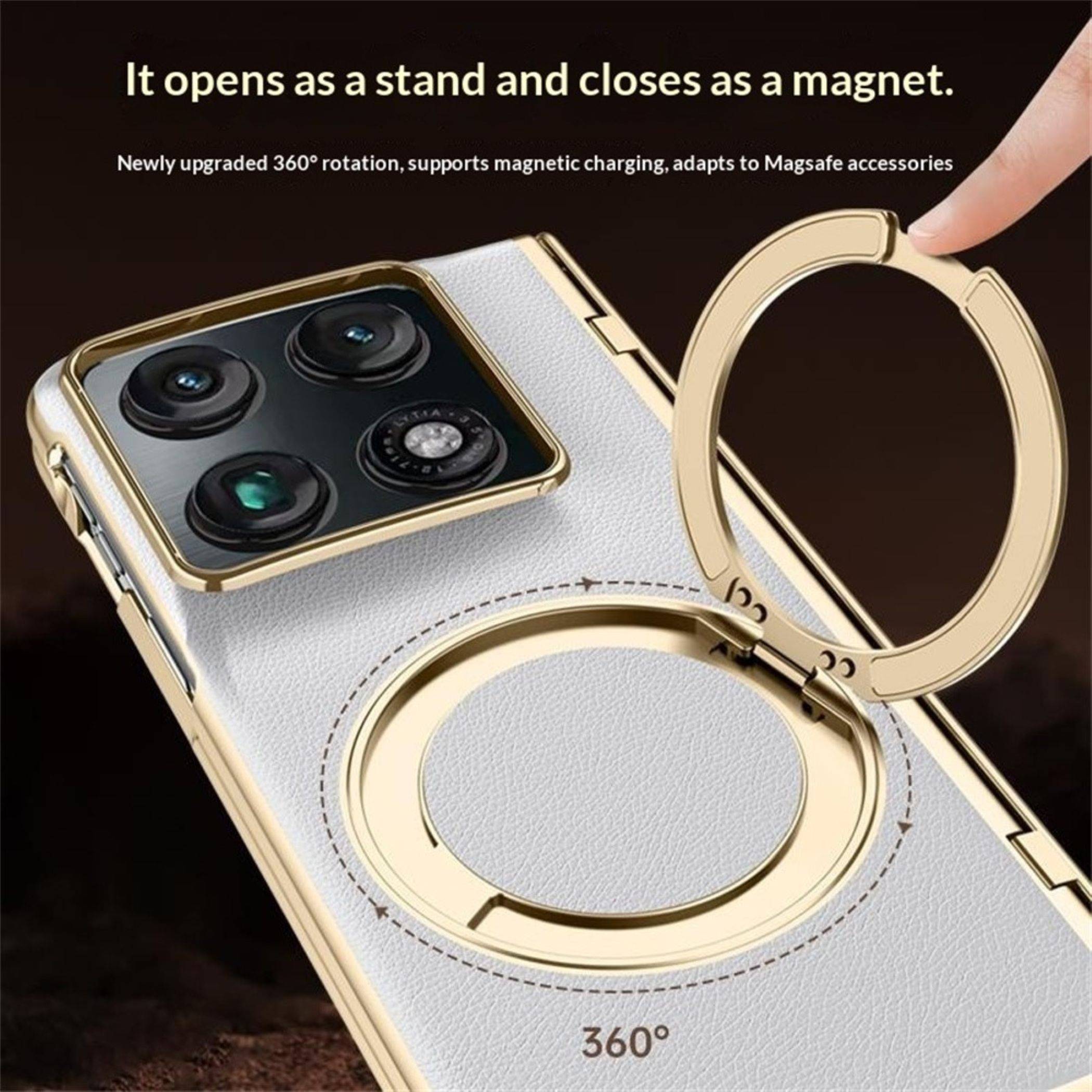 Werbebild einer goldenen Handyhülle mit um 360° drehbarem Ringständer und magnetischem Verschluss, das MagSafe-Kompatibilität zeigt und den Text „Es öffnet sich als Ständer und schließt sich als Magnet