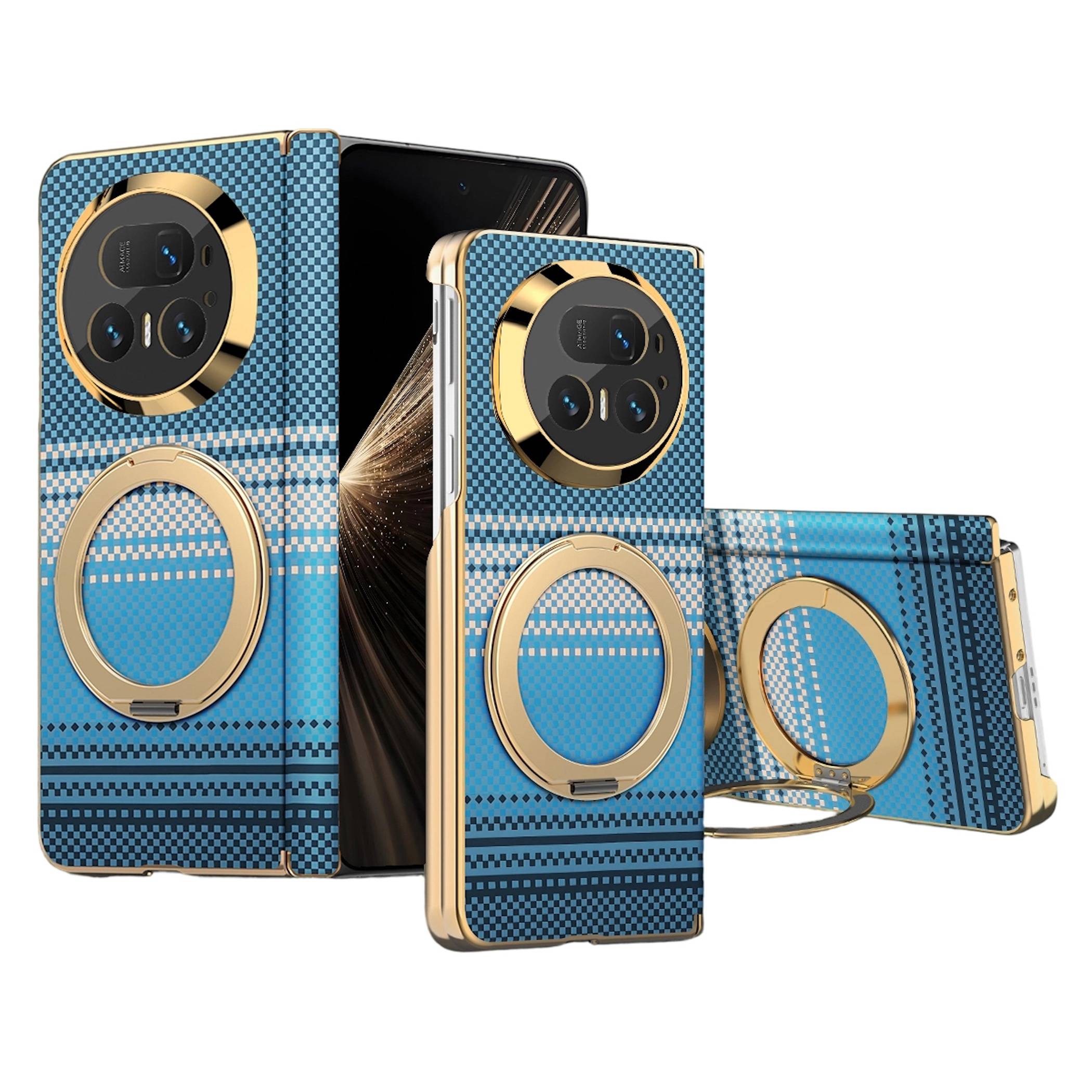 Blaue gemusterte Smartphone-Hüllen mit goldenen Kameraringen und integrierten Ringständern, aus mehreren Winkeln gezeigt.
