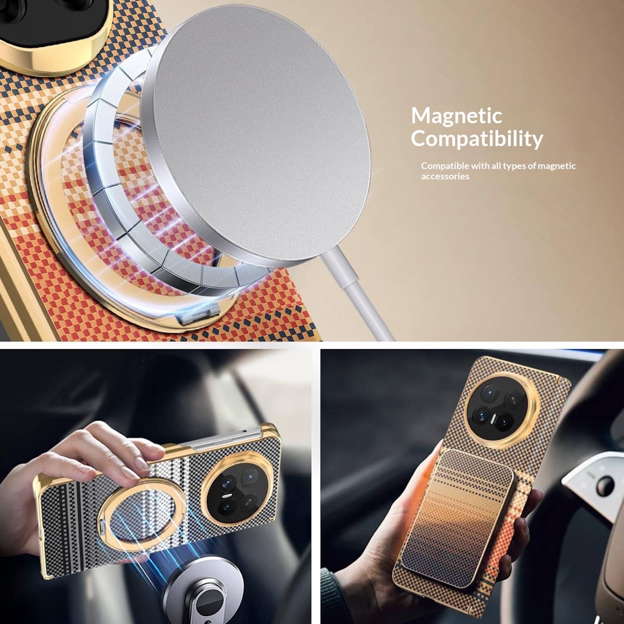 Promotionale Collage, die ein magnetisches Handygehäuse und Zubehör zeigt, mit dem Text „Magnetische Kompatibilität