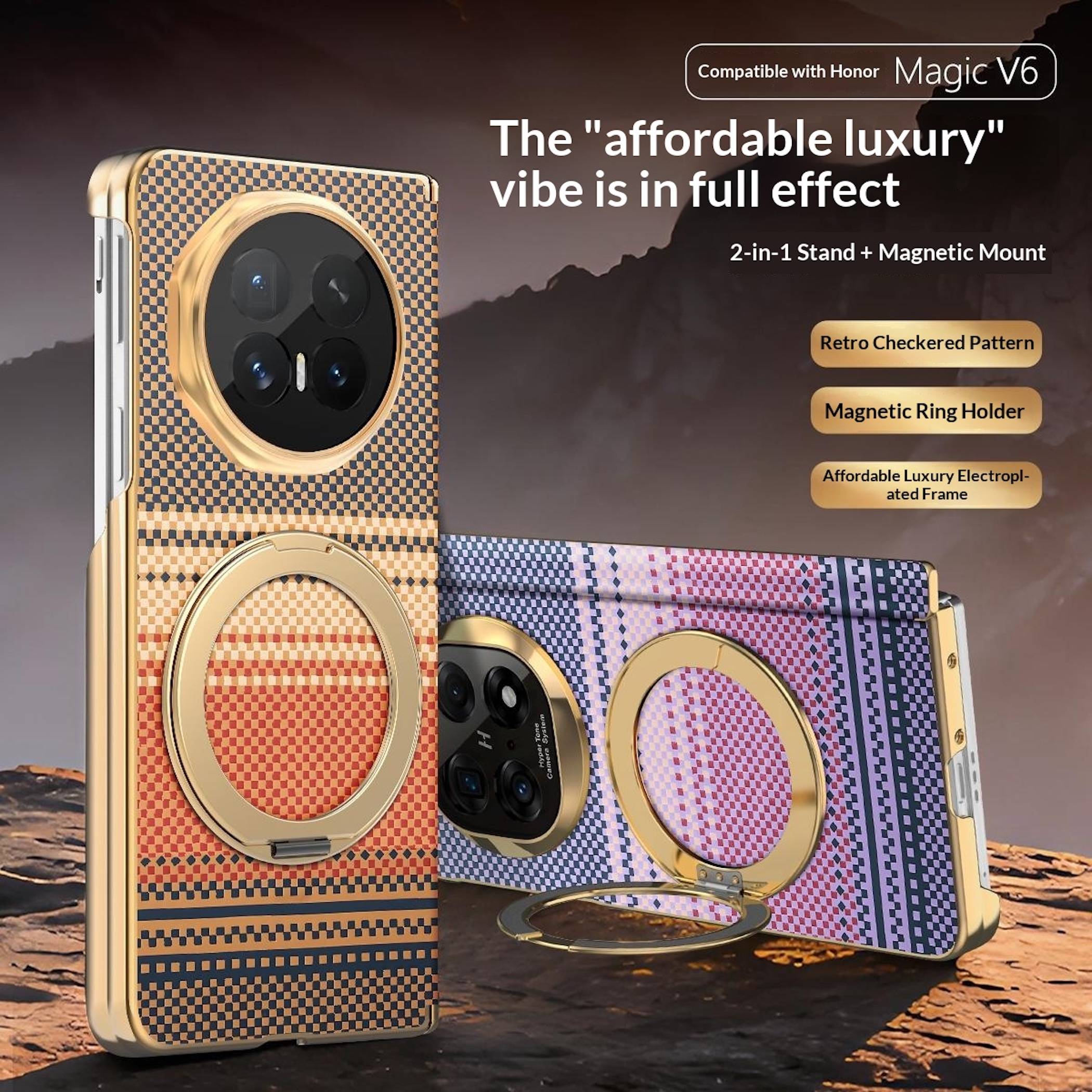Anzeige für Honor Magic V6 Schutzhüllen mit retro karierten Luxus-Handyhüllen in Gold und Rosa mit 2-in-1 Ständer und magnetischem Ringhalter-Funktionen.