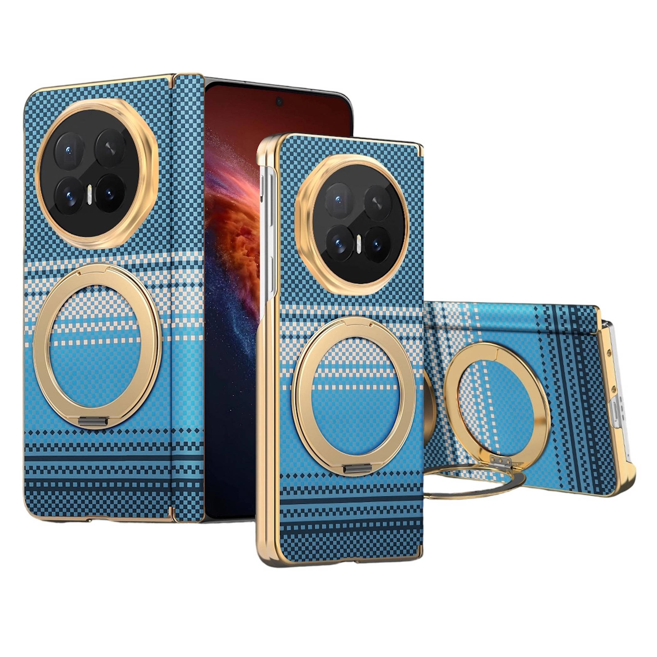 Drei gemusterte blaue Smartphone-Hüllen mit goldenen Ringständern, von vorne und von der Seite gezeigt, die ein faltbares Schutzdesign demonstrieren.