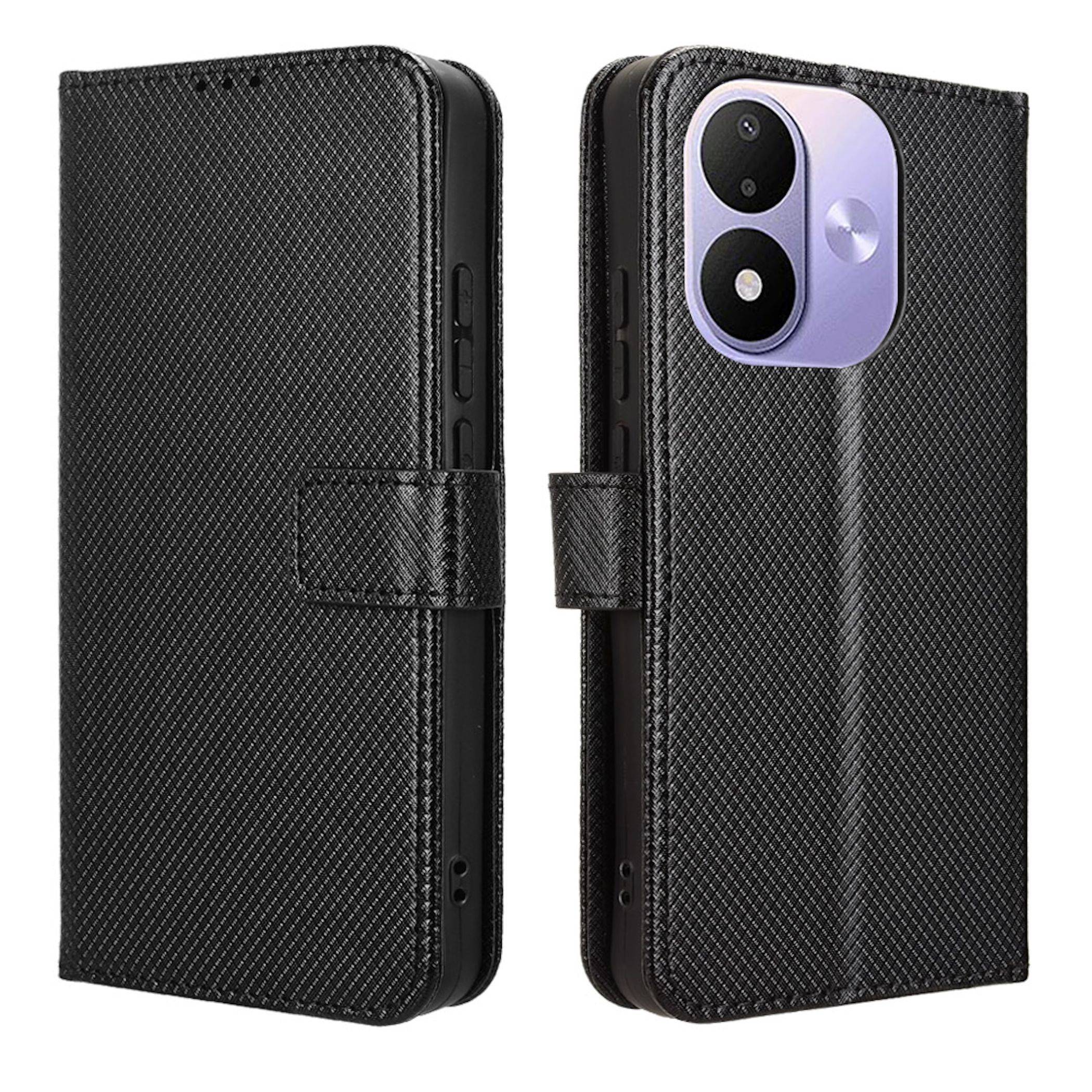Schwarze strukturierte Telefongeldbörsentasche, geschlossen und offen gezeigt, mit magnetischem Verschluss und Kameraausschnitt für ein Dual-Lens-Smartphone.