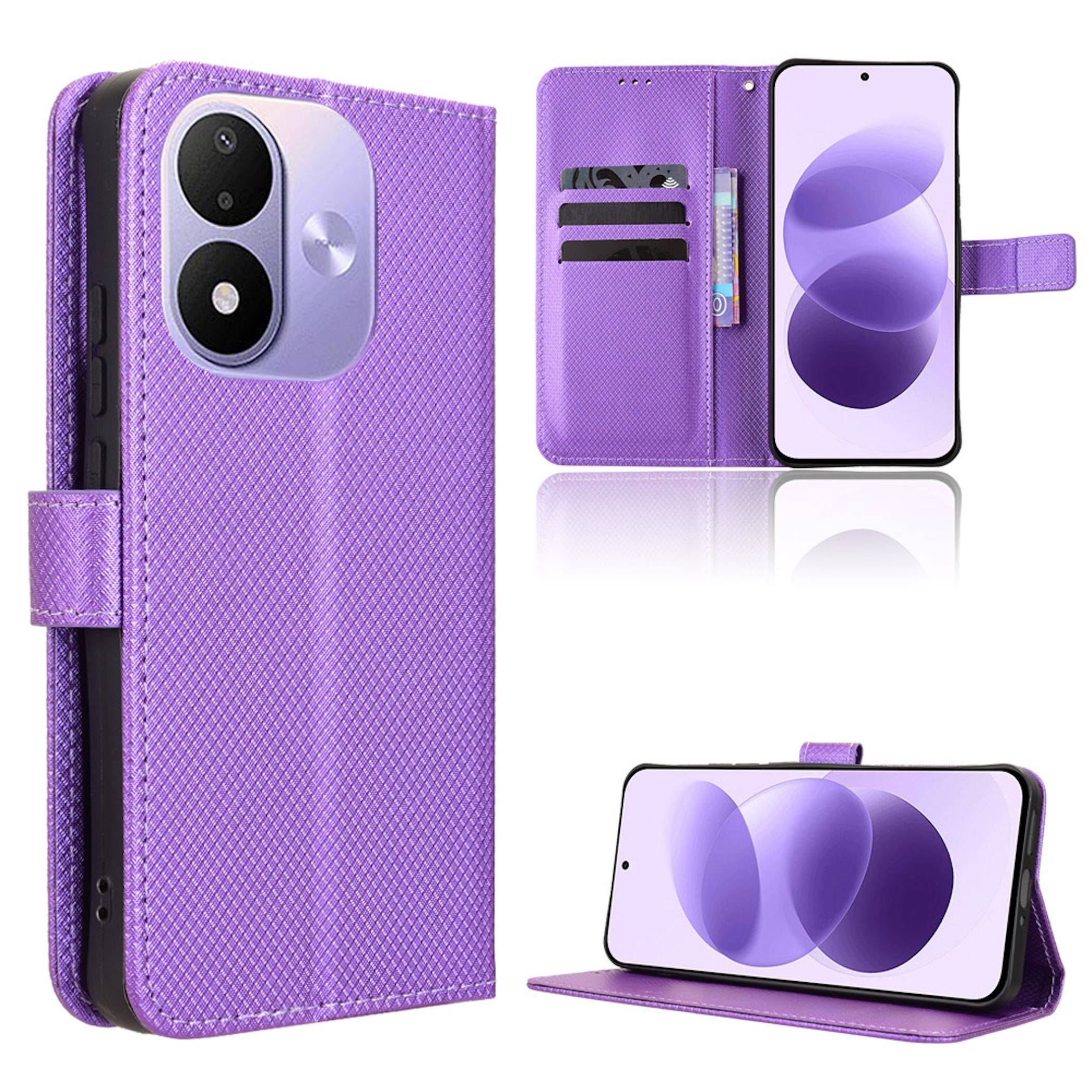 Violette strukturierte Flip-Phone-Schutzhülle in geschlossenem Zustand, offen mit Kartenfächern und zu einem Ständer für ein Smartphone gefaltet.