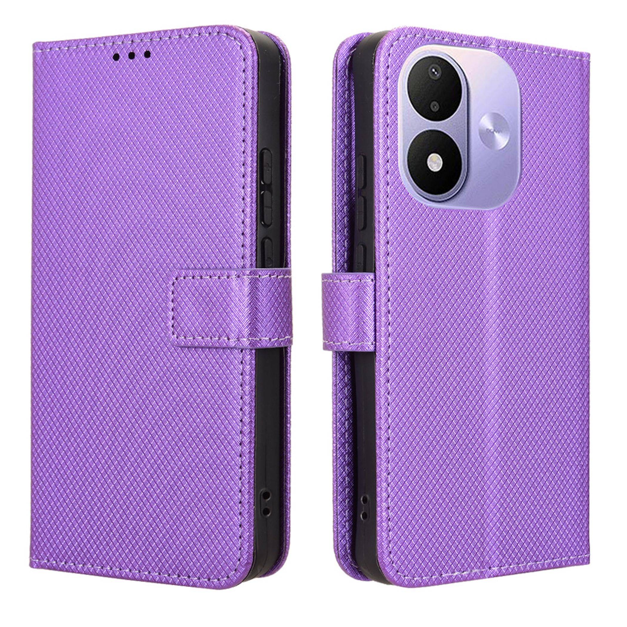 Violett strukturierte Handy-Schutzhülle für Klappgeräte, dargestellt offen und geschlossen, mit Kameraausschnitt und magnetischem Verschluss.