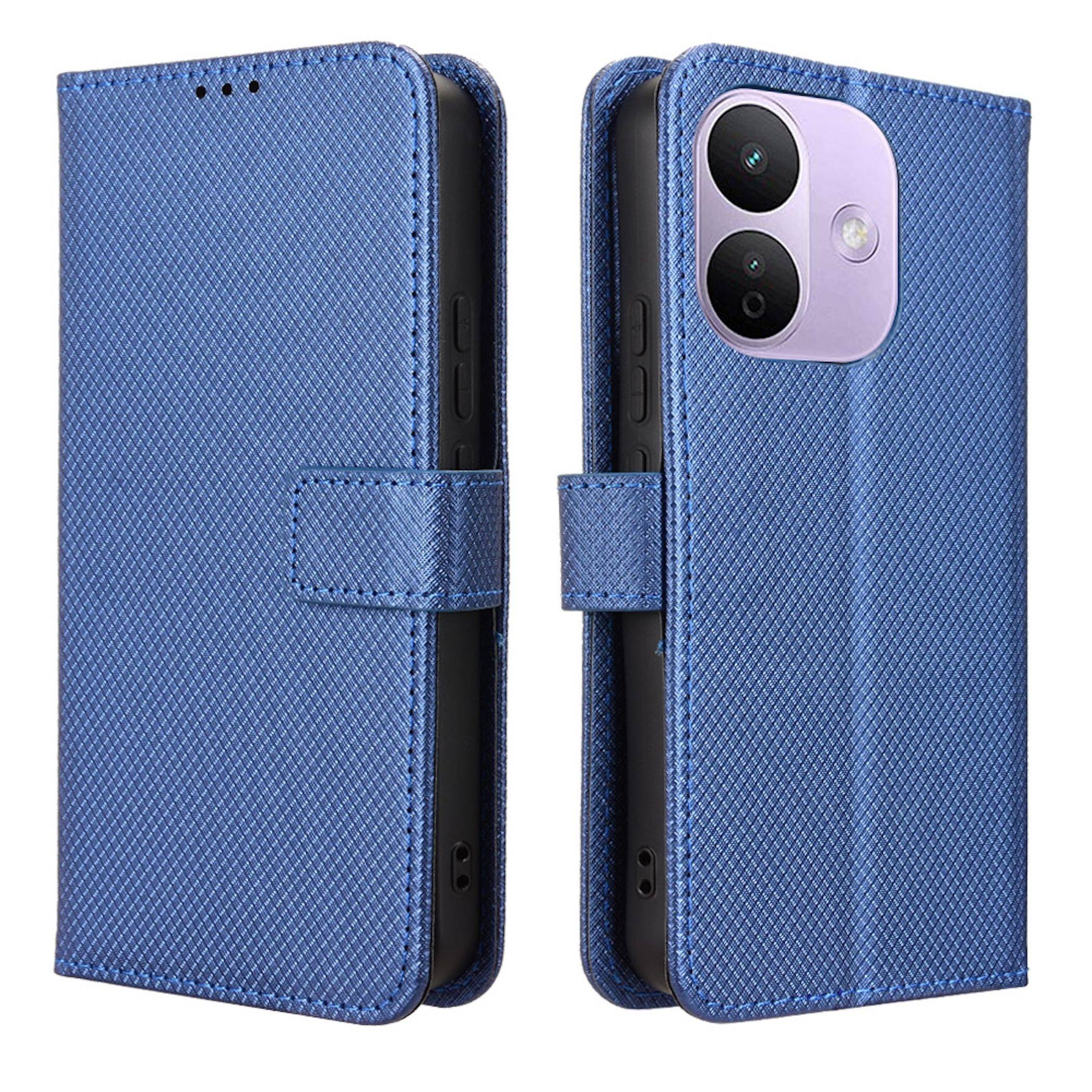 Blauetui für Smartphone mit Textur, offen und geschlossen gezeigt, mit magnetischem Verschluss und Kameraausschnitt für ein Dual-Kamera-Smartphone.