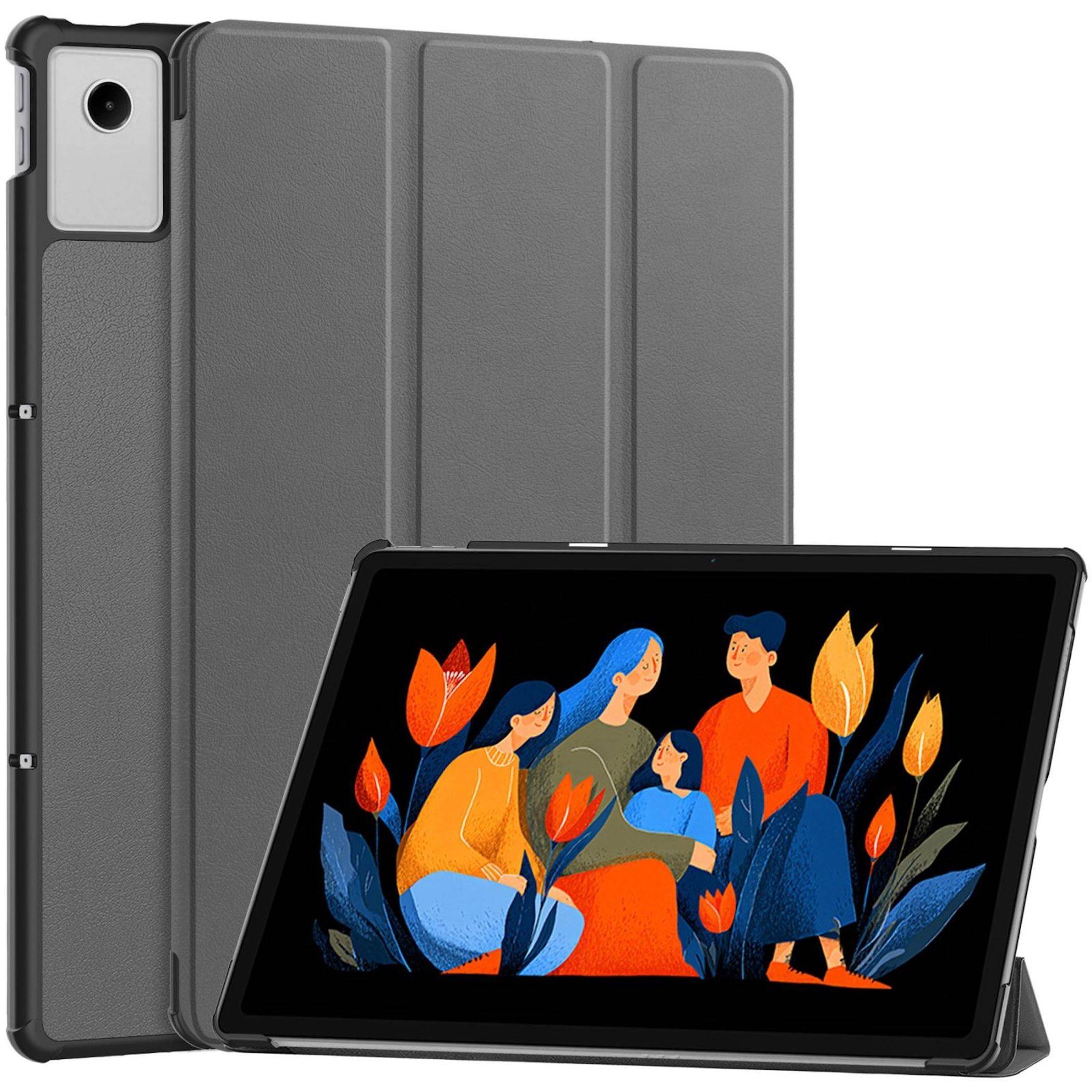 Grauer Folio-Tablet-Schutzhülle, geöffnet, mit einem Tablet, auf dem eine farbenfrohe Familienillustration auf dem Bildschirm angezeigt wird.