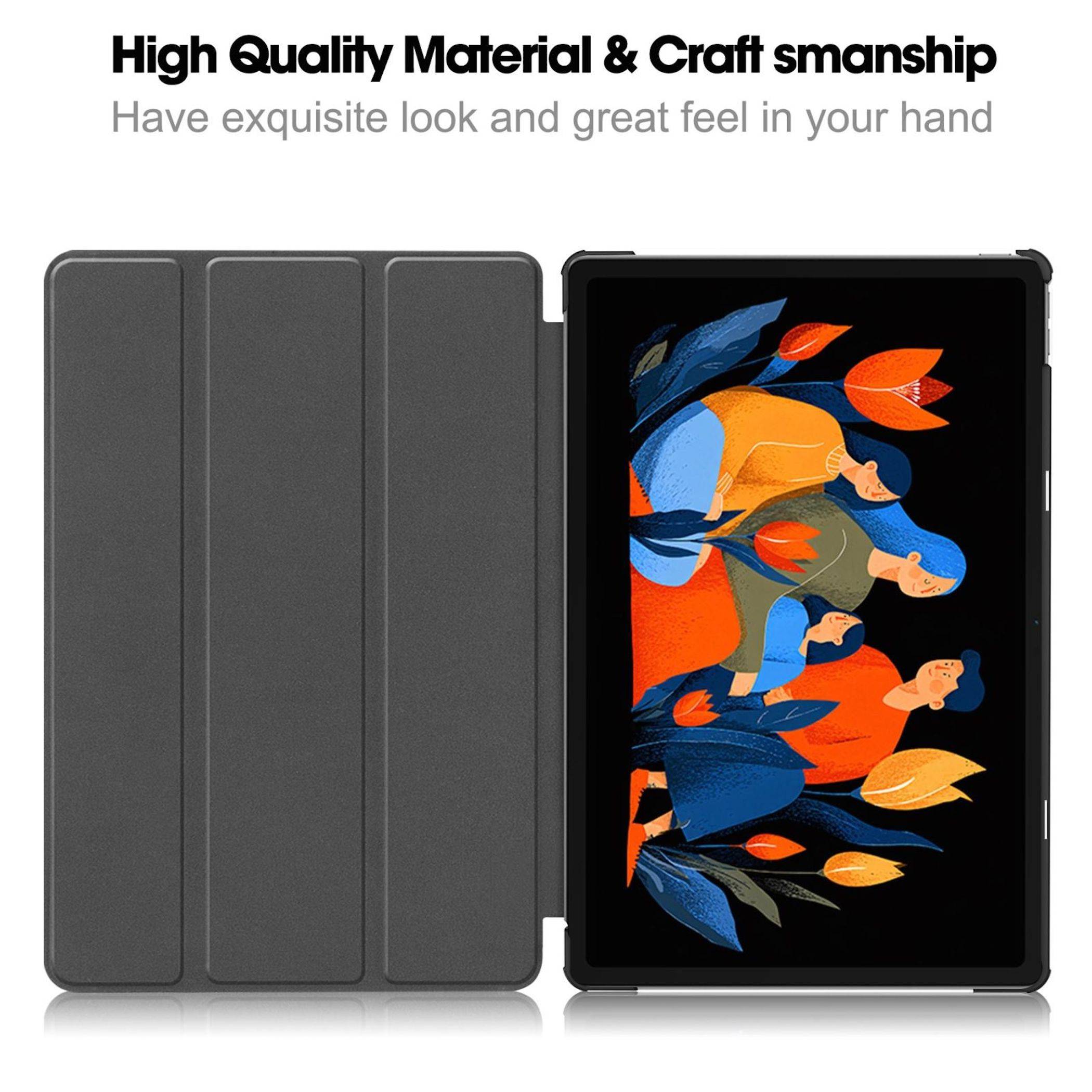Tablet in einem dunkelgrauen Tri-Fold-Etui abgebildet, aufgeklappt, mit farbenfrohem Bildschirmbild; der Text lautet „Hochwertige Materialien und Verarbeitung
