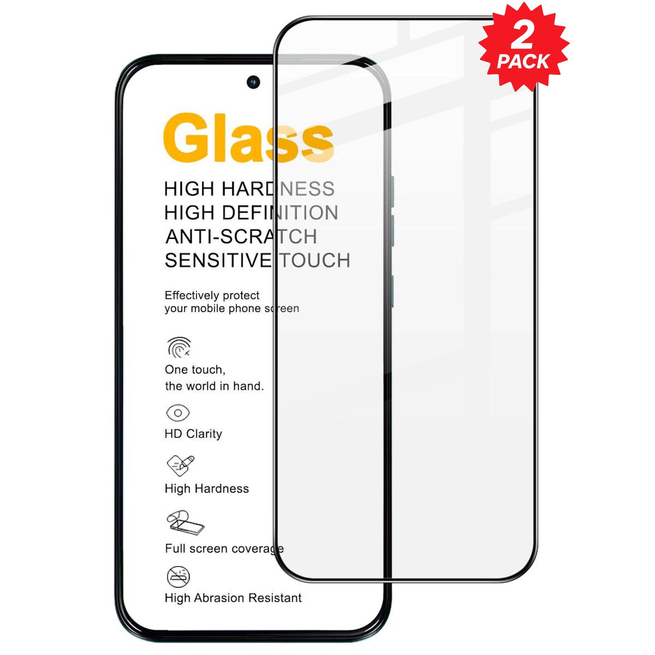 Werbebild eines Displayschutzes für ein Telefon, das zwei Glasschutzfolien über einem Smartphone zeigt, mit Text 