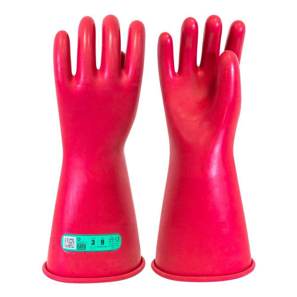 Paar leuchtend roter Gummi-Isolierhandschuhe mit verlängerten Manschetten, aufrecht vor weißem Hintergrund dargestellt.