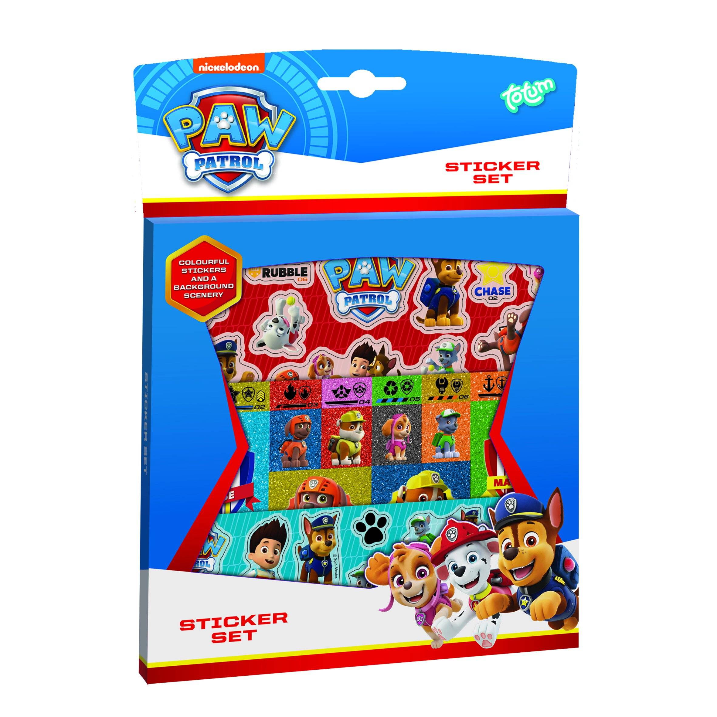 Paw Patrol Aufkleber-Set Verpackung mit farbenfrohen Charakter-Aufklebern und der Text 