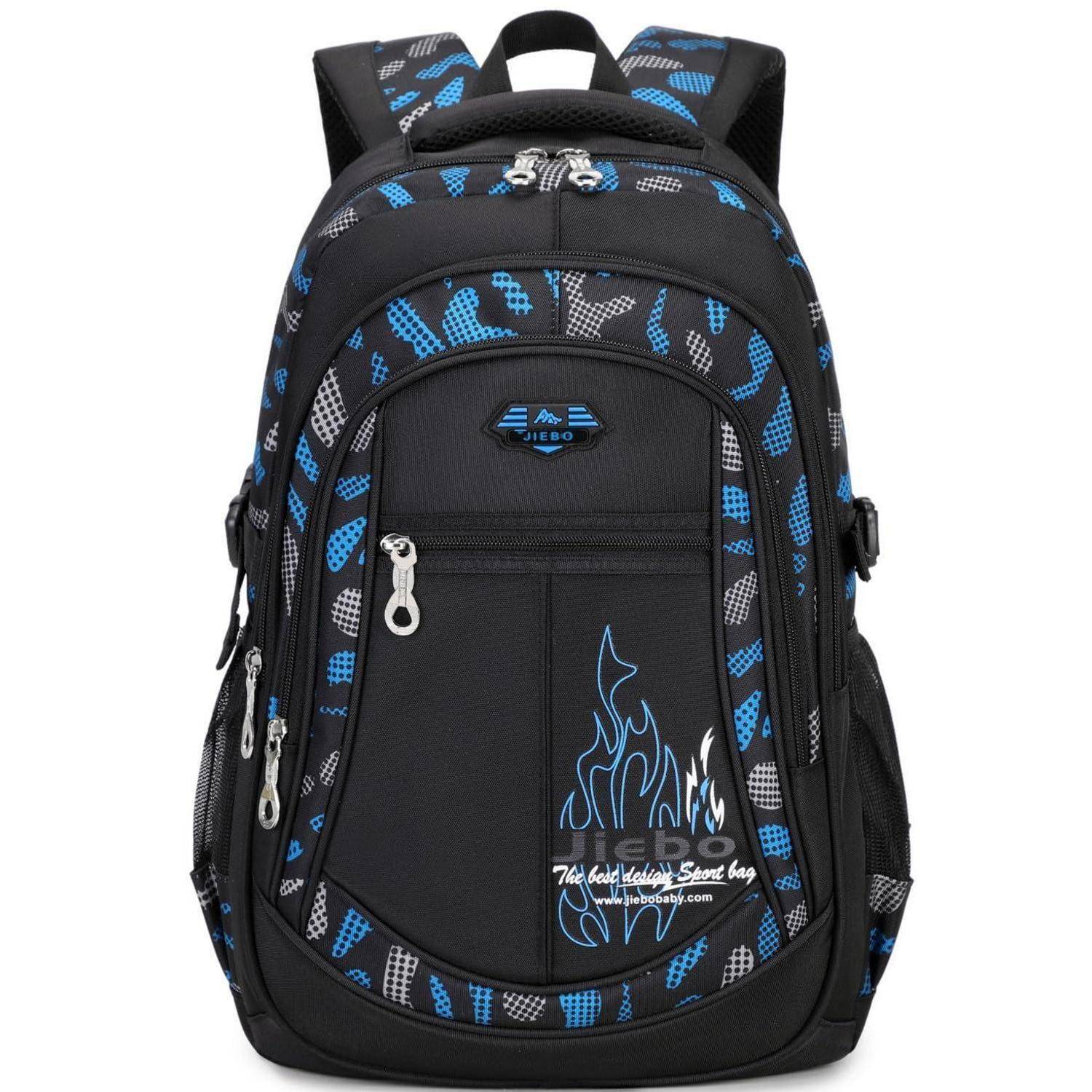 Schwarzer Rucksack mit blau und grau gemusterten Akzenten, vordere Reißverschlusstasche und oberer Griff auf weißem Hintergrund dargestellt.