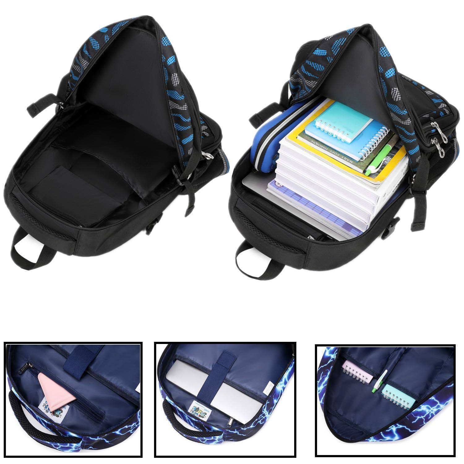 Schwarzer Rucksack gezeigt leer und gepackt mit Notizbüchern, Büchern und Zubehör, sowie Detailansichten von inneren Taschen und Stifthaltern.