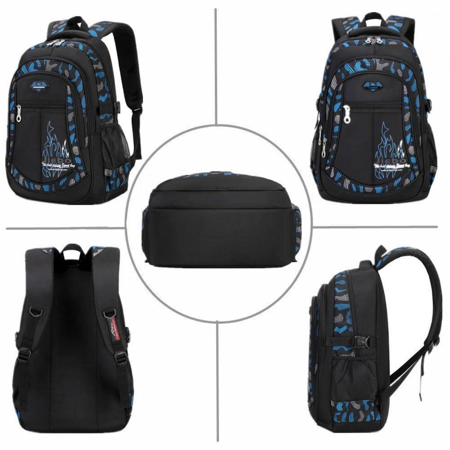 Collage eines schwarz-blauen Rucksacks gezeigt von vorne, hinten, seitlich und von oben, wobei mehrere Taschen und gepolsterte Riemen hervorgehoben werden.