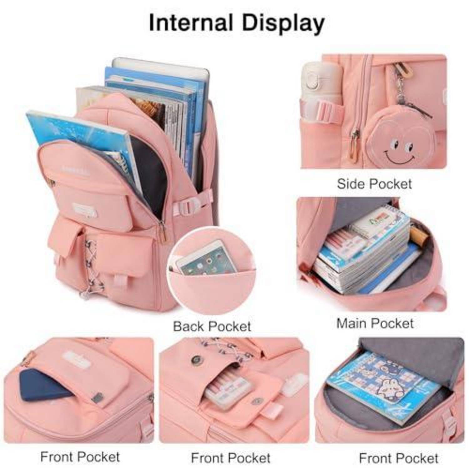 Rosafarbener Rucksack mit beschrifteter interner Anzeige: Seitentasche, Hauptfach und Vorder-/Rückentaschen für Bücher, Telefon und kleine Gegenstände.