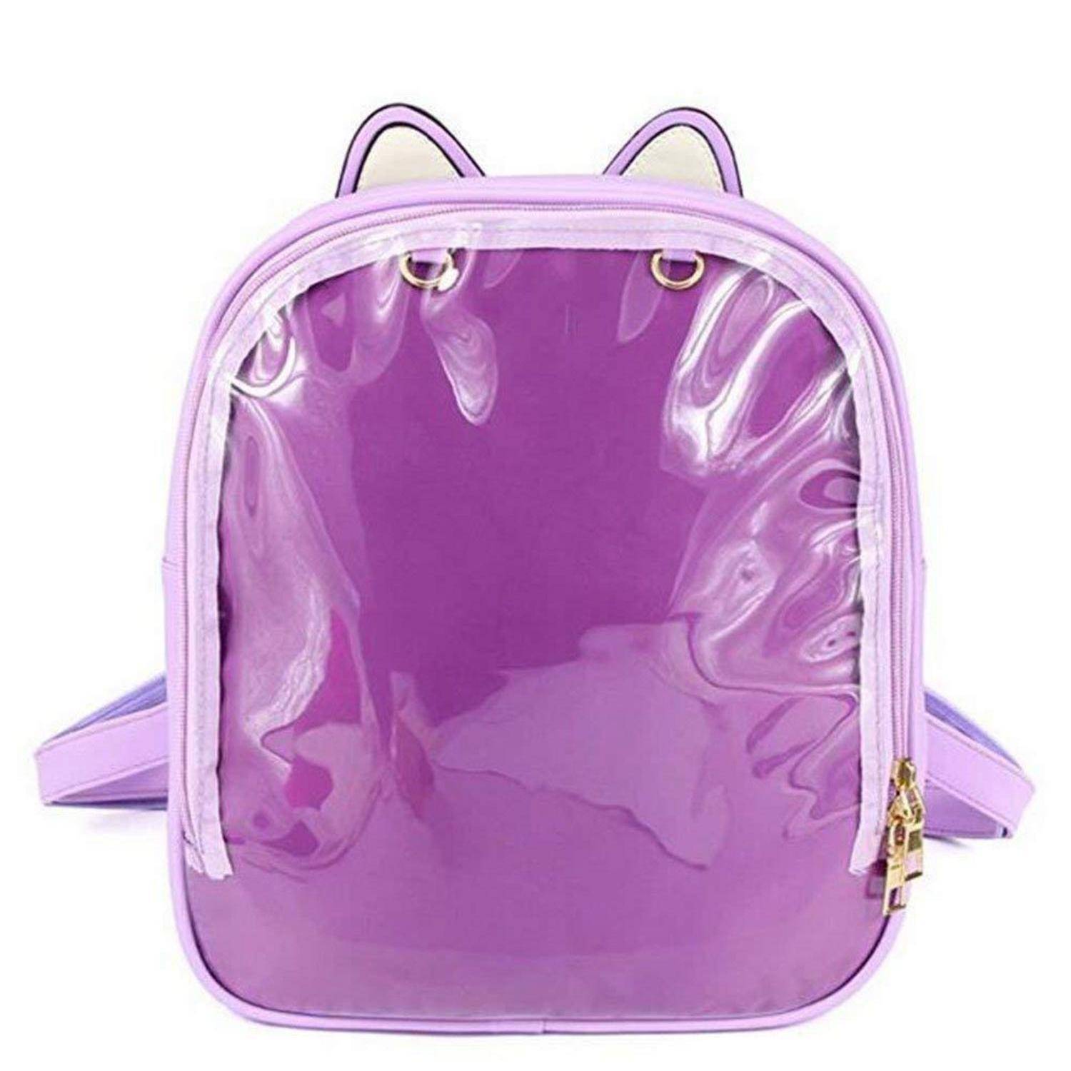 Violetter transparenter Rucksack mit Katzhenohr-Akzenten und Reißverschlussöffnung, Vorderansicht auf weißem Hintergrund.