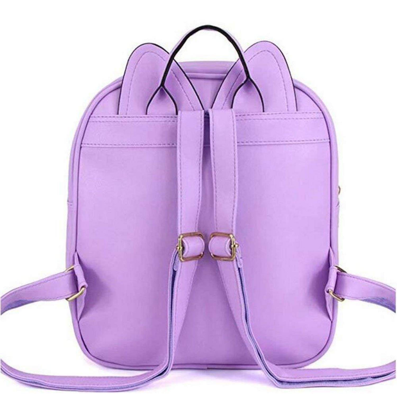 Hellvioletter Rucksack mit Katzenneohr-Oberteil und vorderen Schnallengurten auf einfachem Hintergrund.