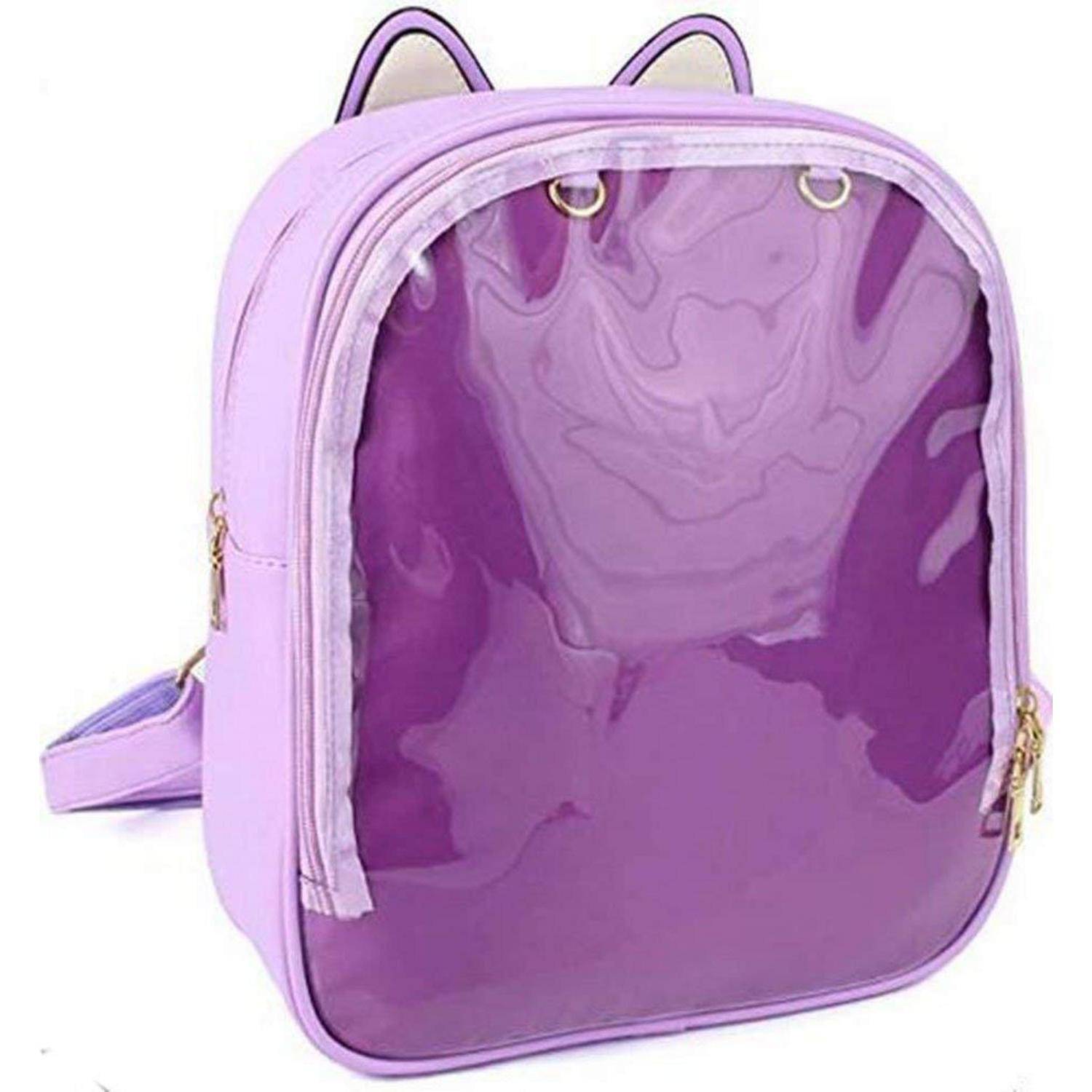 Violetter transparenter Rucksack mit Lavendelbesatz, Tragegriffe oben und Reißverschluss, auf weißem Hintergrund dargestellt.