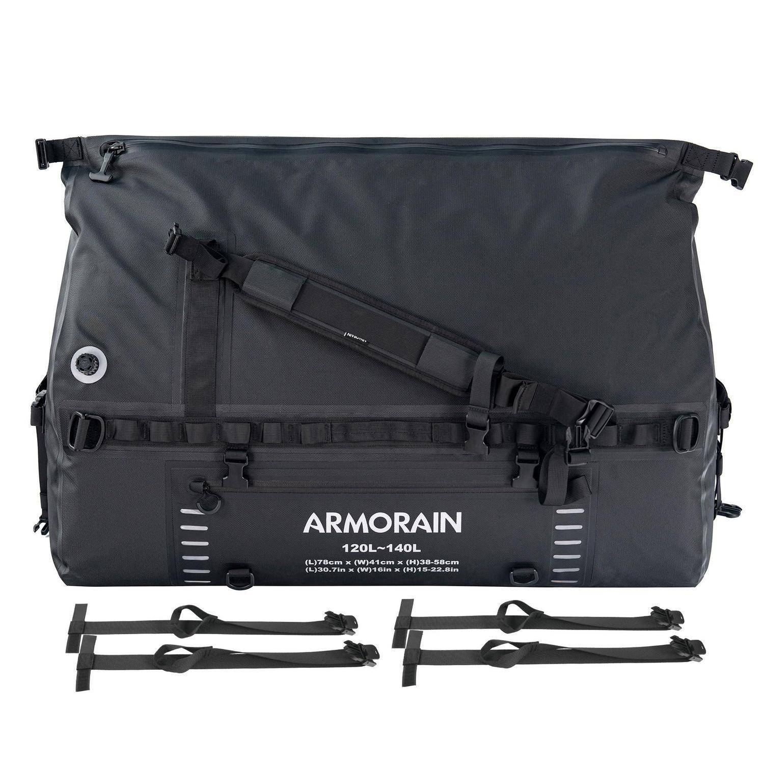 Schwarze MORMAIN wasserdichte Lasttasche mit Schultergurt und vier Spanngurten, gekennzeichnet mit 120L-140L.