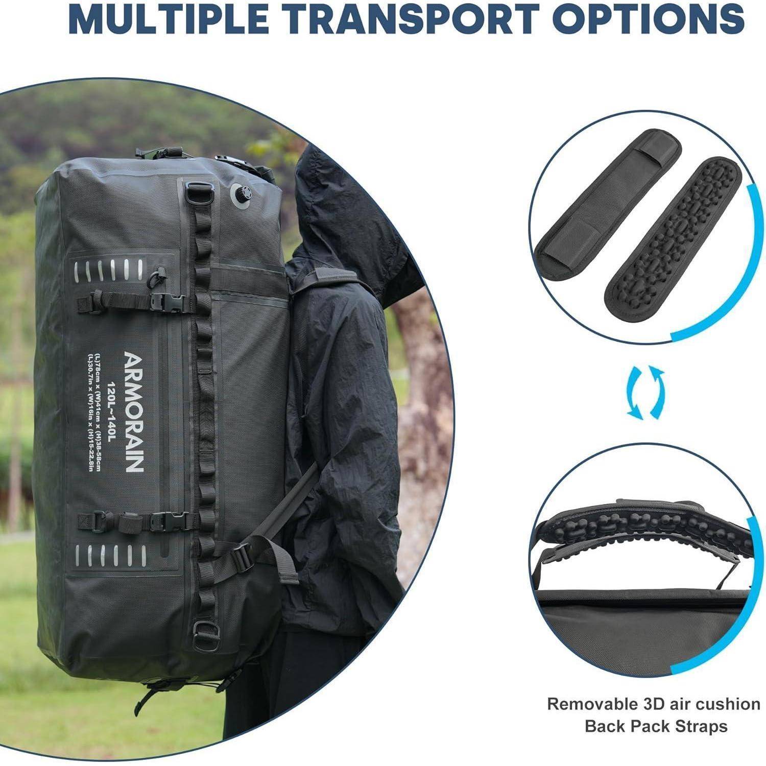 Rucksack mit mehreren Transportmöglichkeiten, mit abnehmbaren 3D-Luftpolster-Rückengurten und einer seitlichen Trageausstattung.