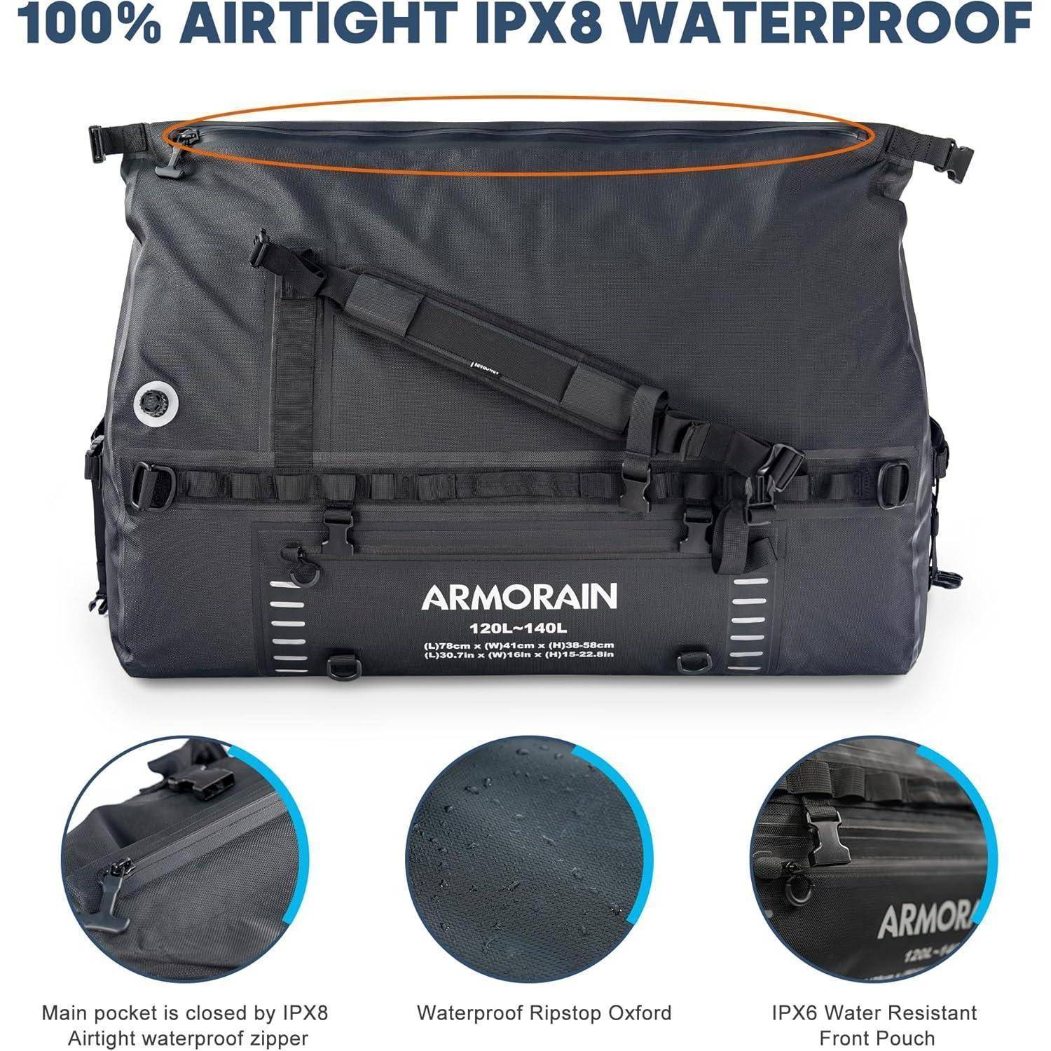 Dunkelgraue ARMOREN wasserdichte Reisetasche mit Schultergurt, gekennzeichnet mit „100% LUFTDICHT IPX8 WASSERDICHT" und Fassungsvermögen 120L-140L, mit Detailaufnahmen von Reißverschluss, Stoff und wasserdichter Tasche.