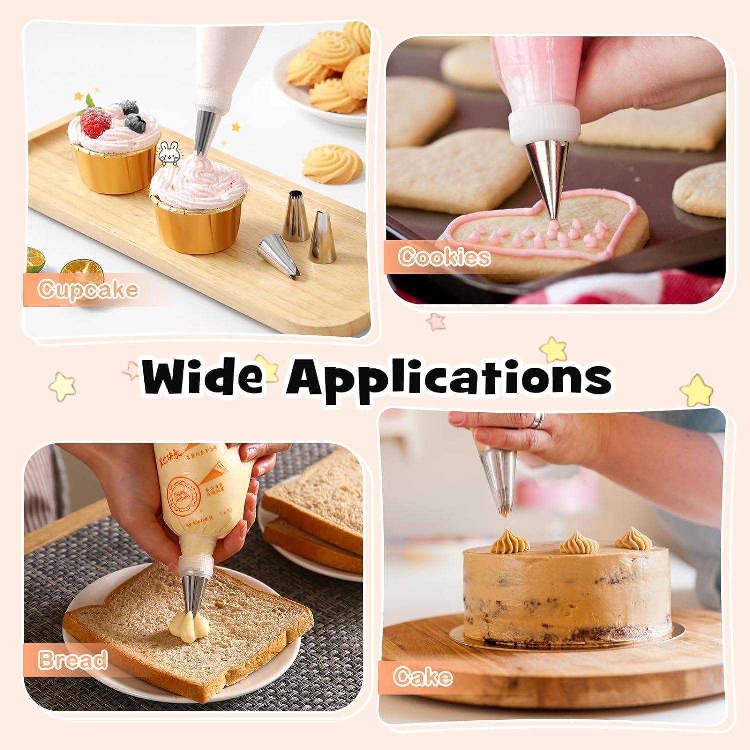 Collage zeigt Spritzbeutel beim Verzieren von Cupcake, Keksen, Brot und Kuchen mit Text „Vielseitige Anwendungen