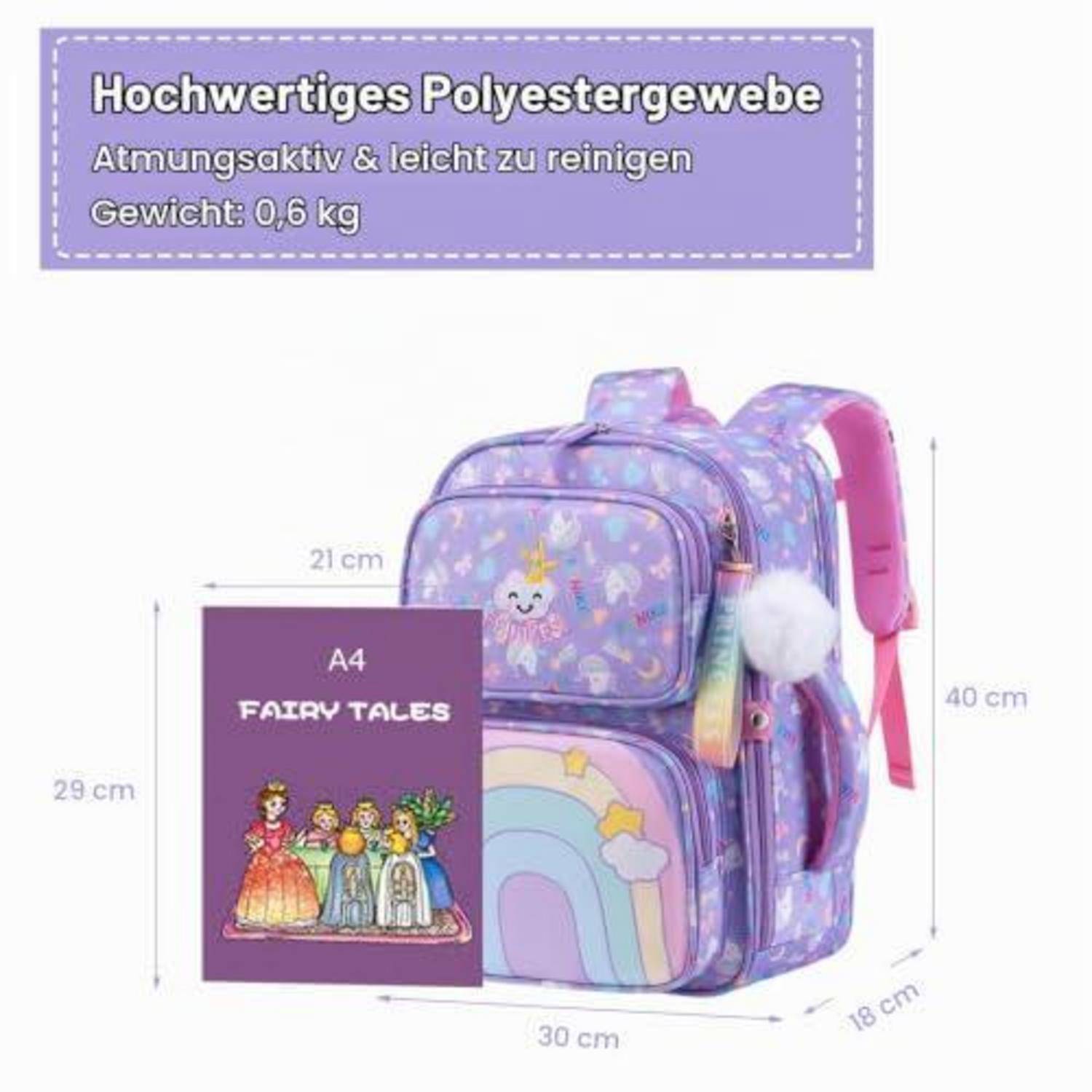 Violetter Kinderrucksack mit Märchendesign, gezeigt mit Größenangaben 40 cm x 30 cm x 18 cm und A4-Buch als Größenvergleich; Polyester, 0,6 kg.