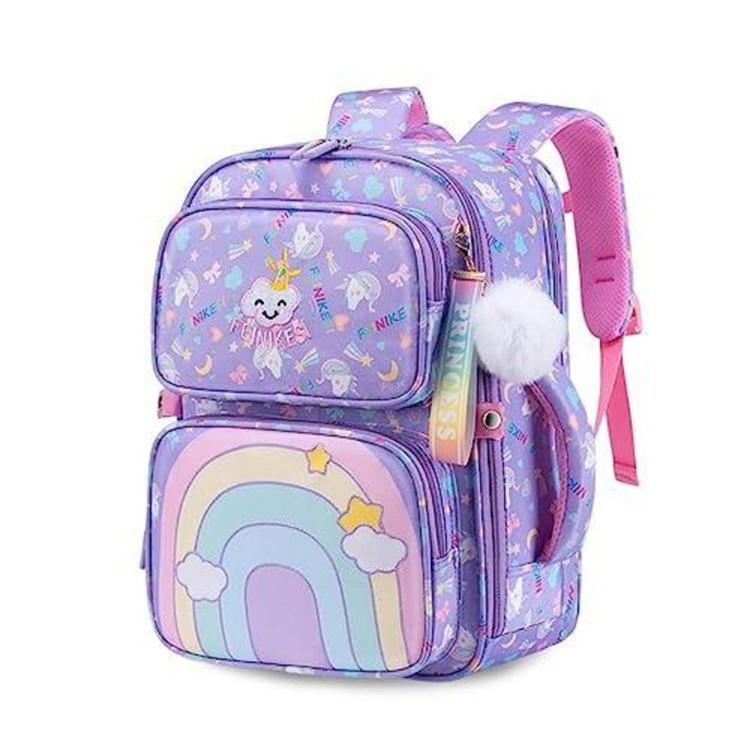 Lila Kinderrucksack mit Regenbogen- und Wolkendesigns, Fronttaschen und rosa Riemen, auf weißem Hintergrund gezeigt.