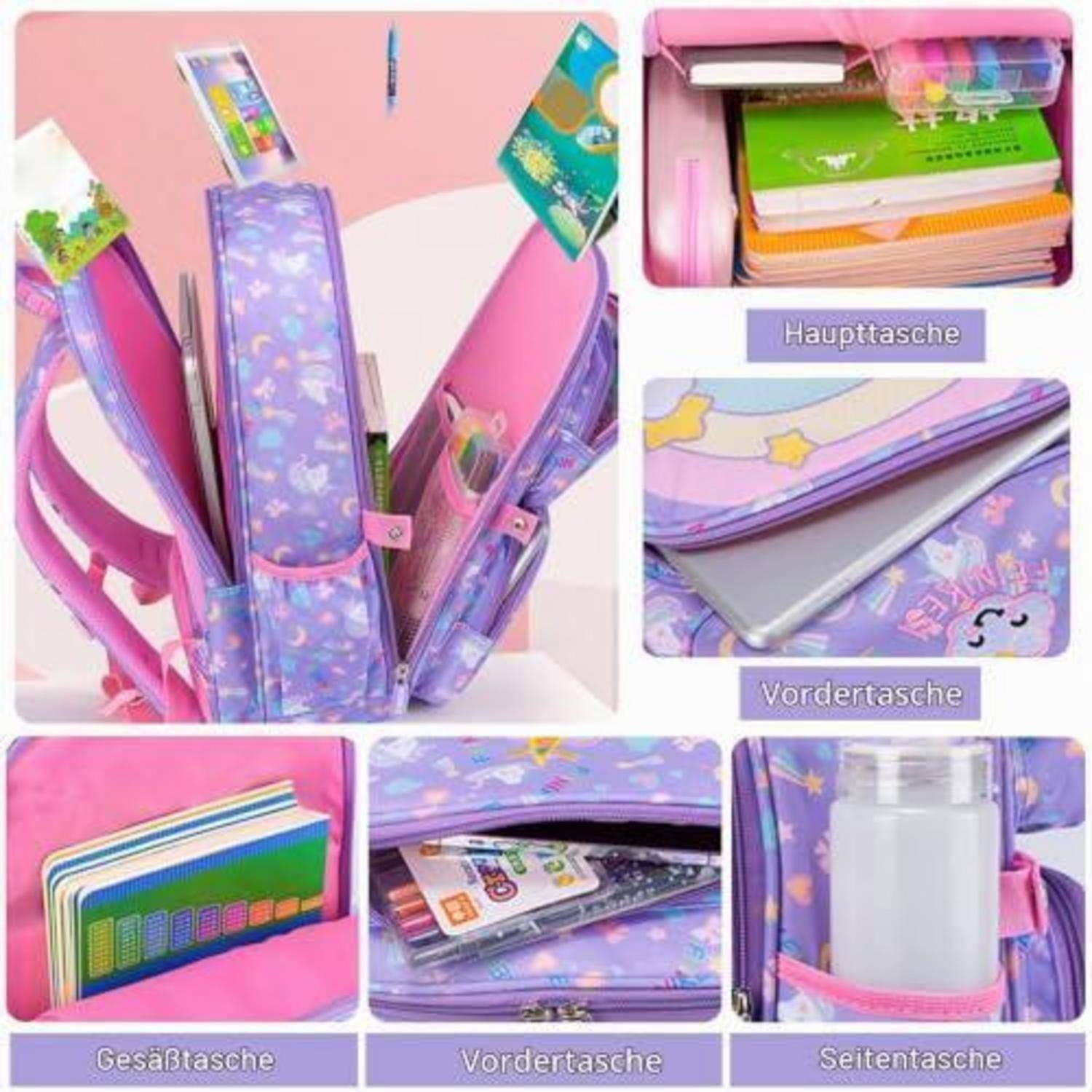 Abbildung eines rosa und lila Schulrucksacks mit mehreren Fächern, mit deutschen Beschriftungen: Hauptfach, Vorderfach, Rückfach und Seitenfach.