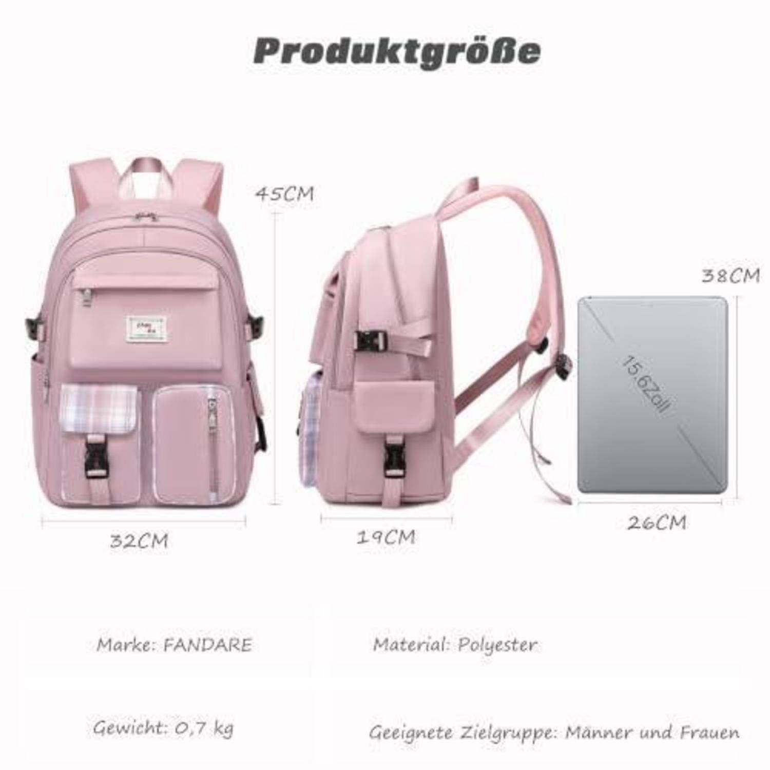 Rosa Rucksack Produktgrößentabelle mit Vorder- und Seitenansicht, passt für 15,6-Zoll-Laptop; Abmessungen 45 x 32 x 19 cm, Marke FANDARE, Polyester.