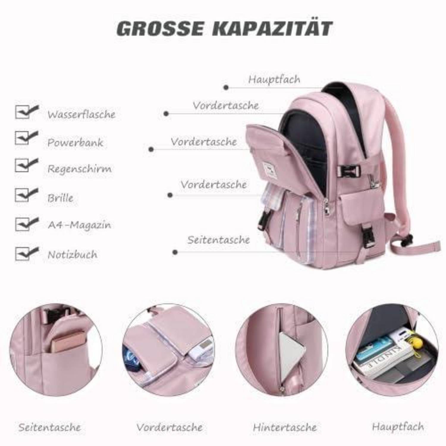 Pinker Rucksack mit der Aufschrift „GROSSE KAPAZITÄT