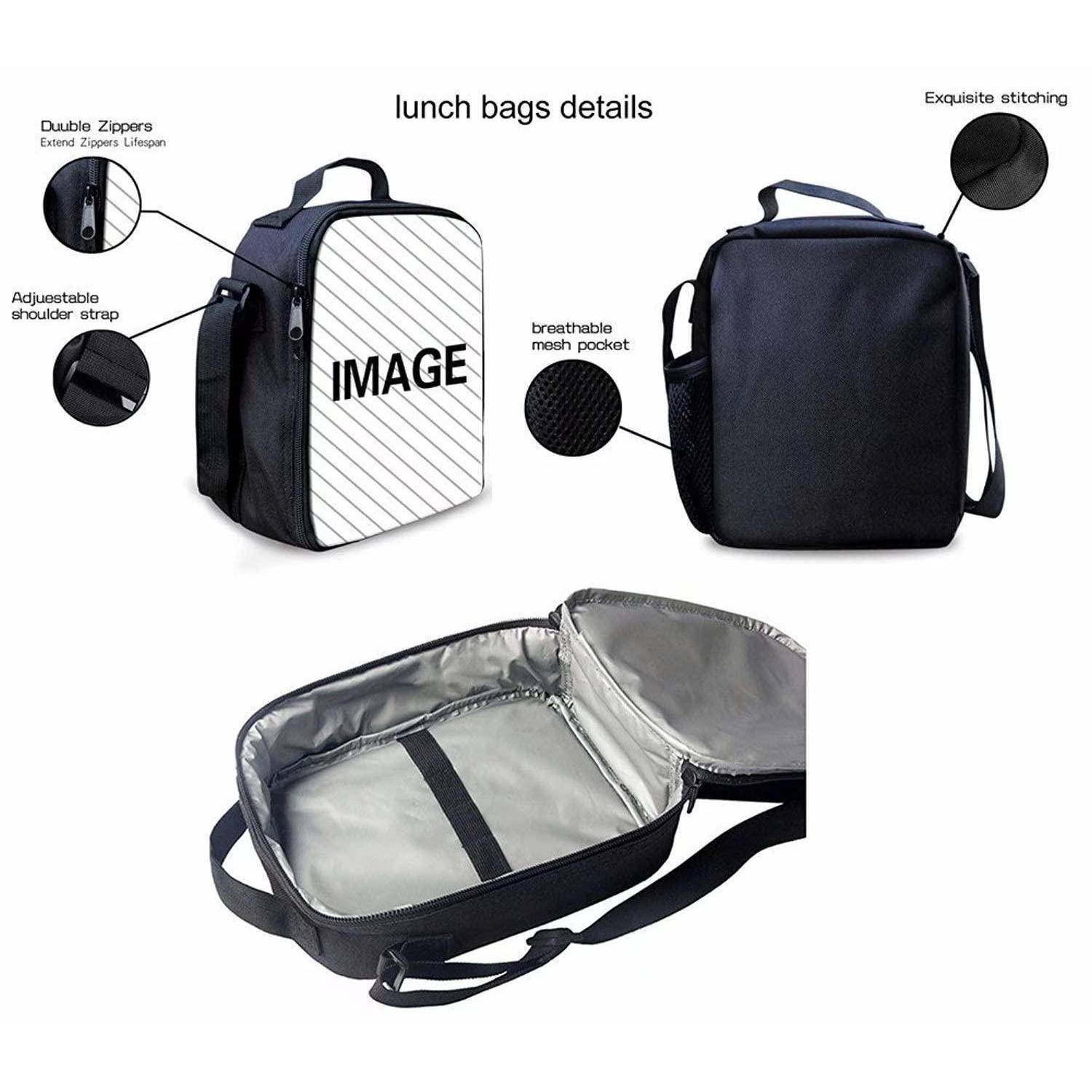 Lunch-Tasche Produktdetails zeigen einen schwarzen isolierten Rucksack mit Doppelreißverschlüssen, verstellbarem Schultergurt, atmungsaktiver Netztasche und gestepptem Außenmaterial; offene Innenansicht unten.