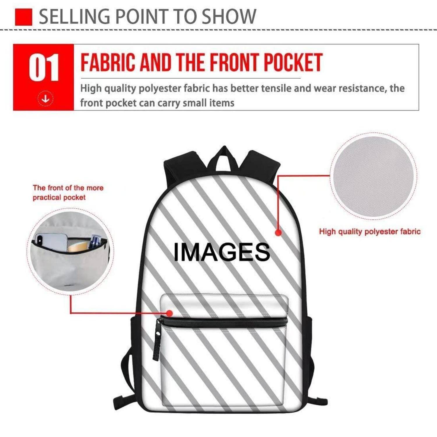 Werbe-Infografik eines Rucksacks mit den Highlights „Stoff und die Vordertasche