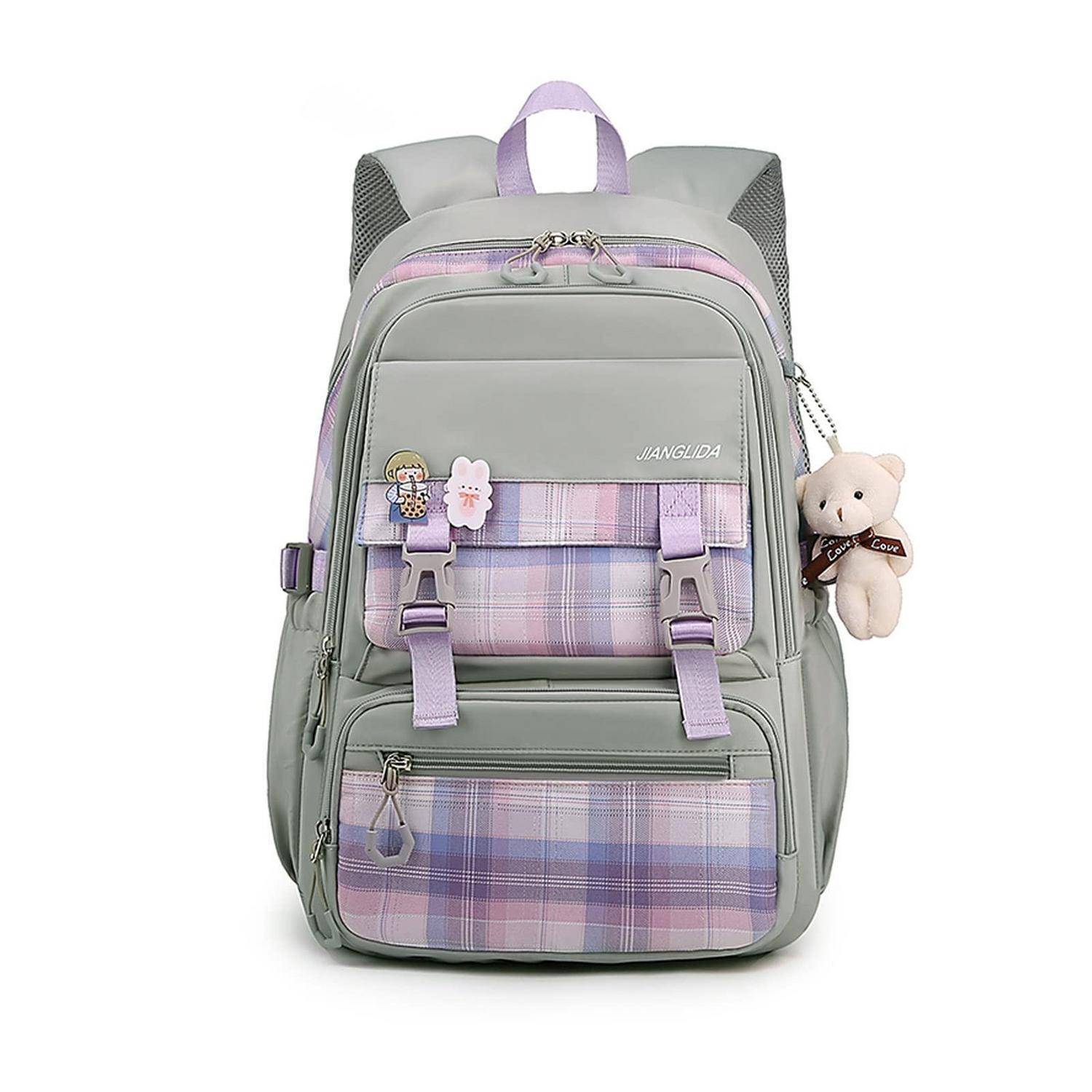 Schulrucksack Nylon wasserdicht Grau mit Plüschanhänger