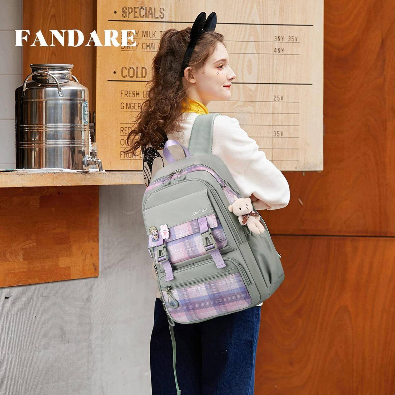 Schulrucksack Nylon wasserdicht Grau mit Plüschanhänger