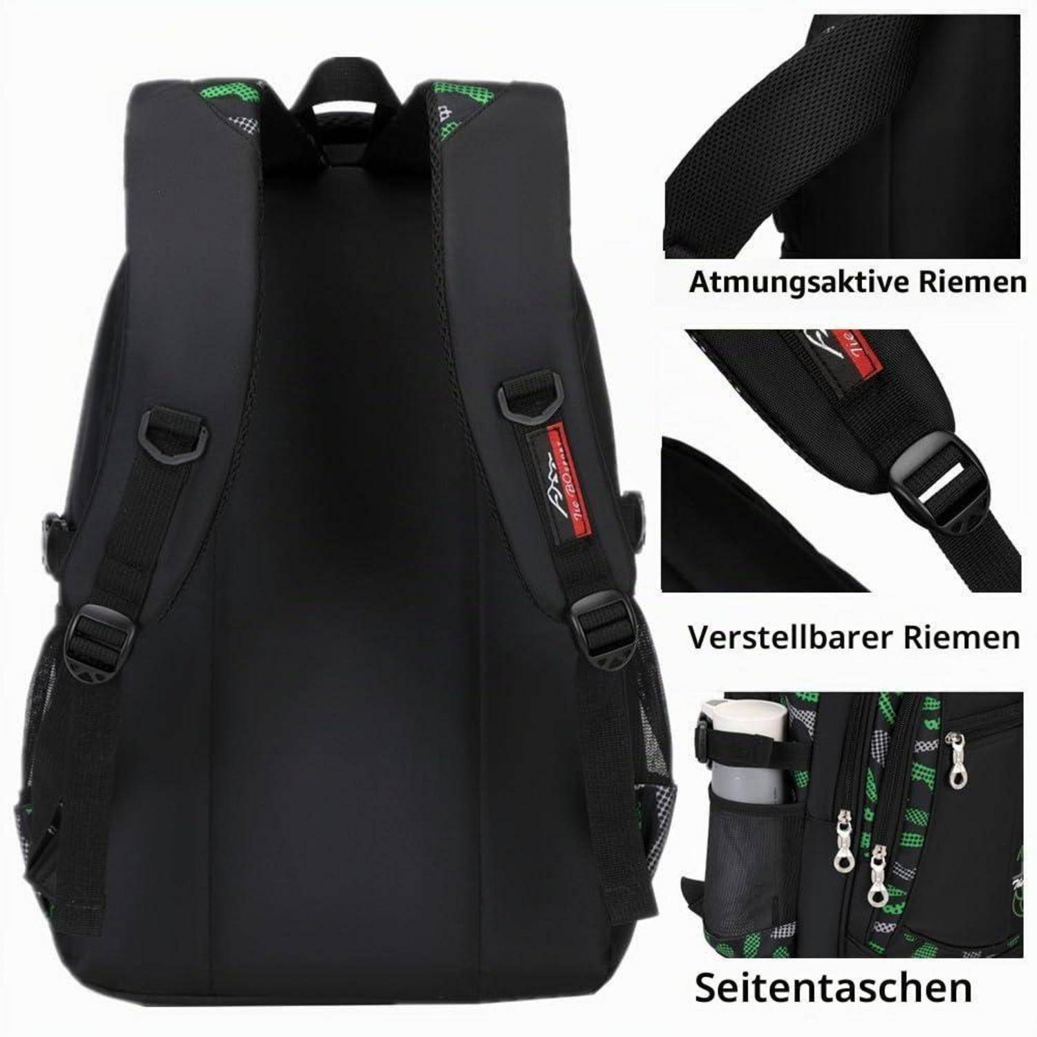 Schulrucksack Jungen Tarnfarbe Grün mit Seitentaschen und A4-Fach