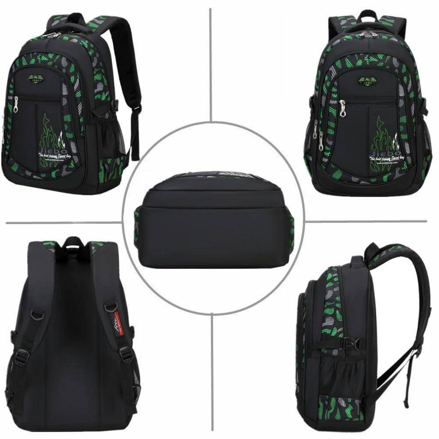 Schulrucksack Jungen Tarnfarbe Grün mit Seitentaschen und A4-Fach