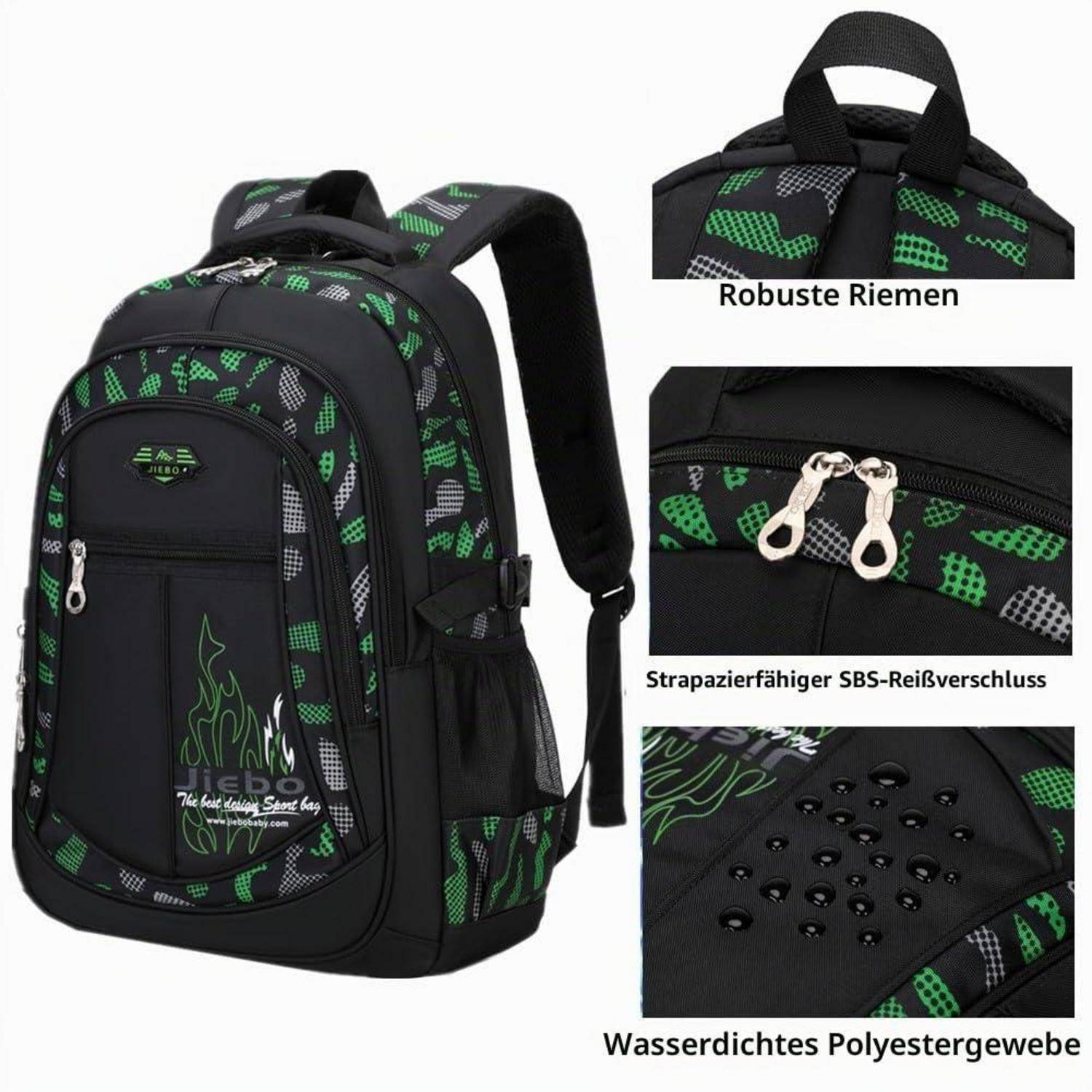 Schulrucksack Jungen Tarnfarbe Grün mit Seitentaschen und A4-Fach