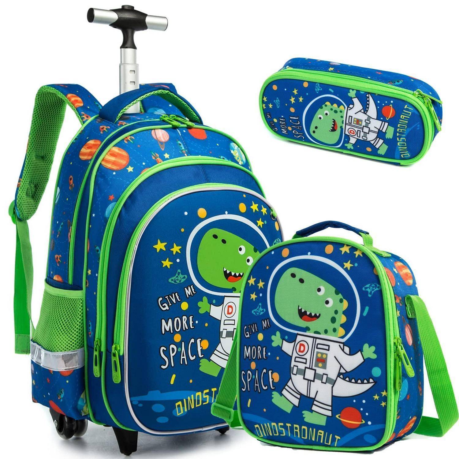 Rollrucksack Kinder 16 Zoll 3-teiliges Set Grün Dinosaurier