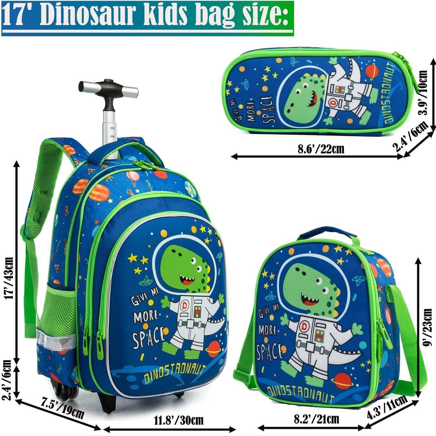 Rollrucksack Kinder 16 Zoll 3-teiliges Set Grün Dinosaurier