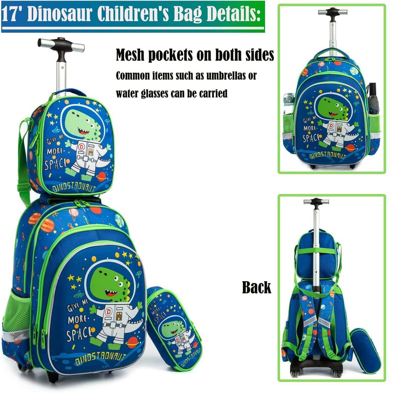 Rollrucksack Kinder 16 Zoll 3-teiliges Set Grün Dinosaurier